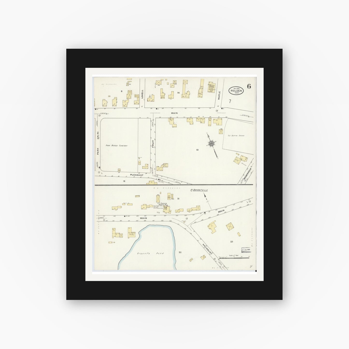 Old map wall art mockup — black gallery frame with white mat — Sanborn Fire Insurance Map from Holden, Worcester County, Massachusetts (1910), Sheet #0006
