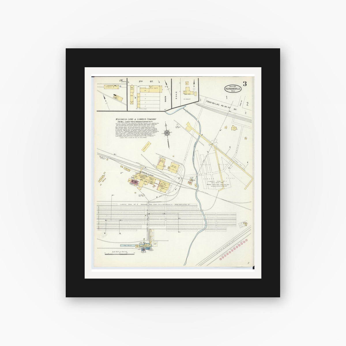 Old map wall art mockup — black gallery frame with white mat — Sanborn Fire Insurance Map from Hermansville, Menominee County, Michigan (1913), Sheet #0003