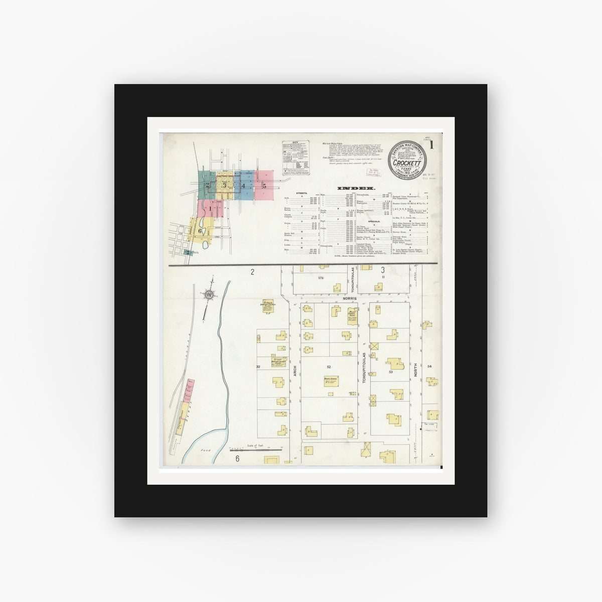 Old map wall art mockup — black gallery frame with white mat — Sanborn Fire Insurance Map from Crockett, Houston County, Texas (1912) - Complete Map Set