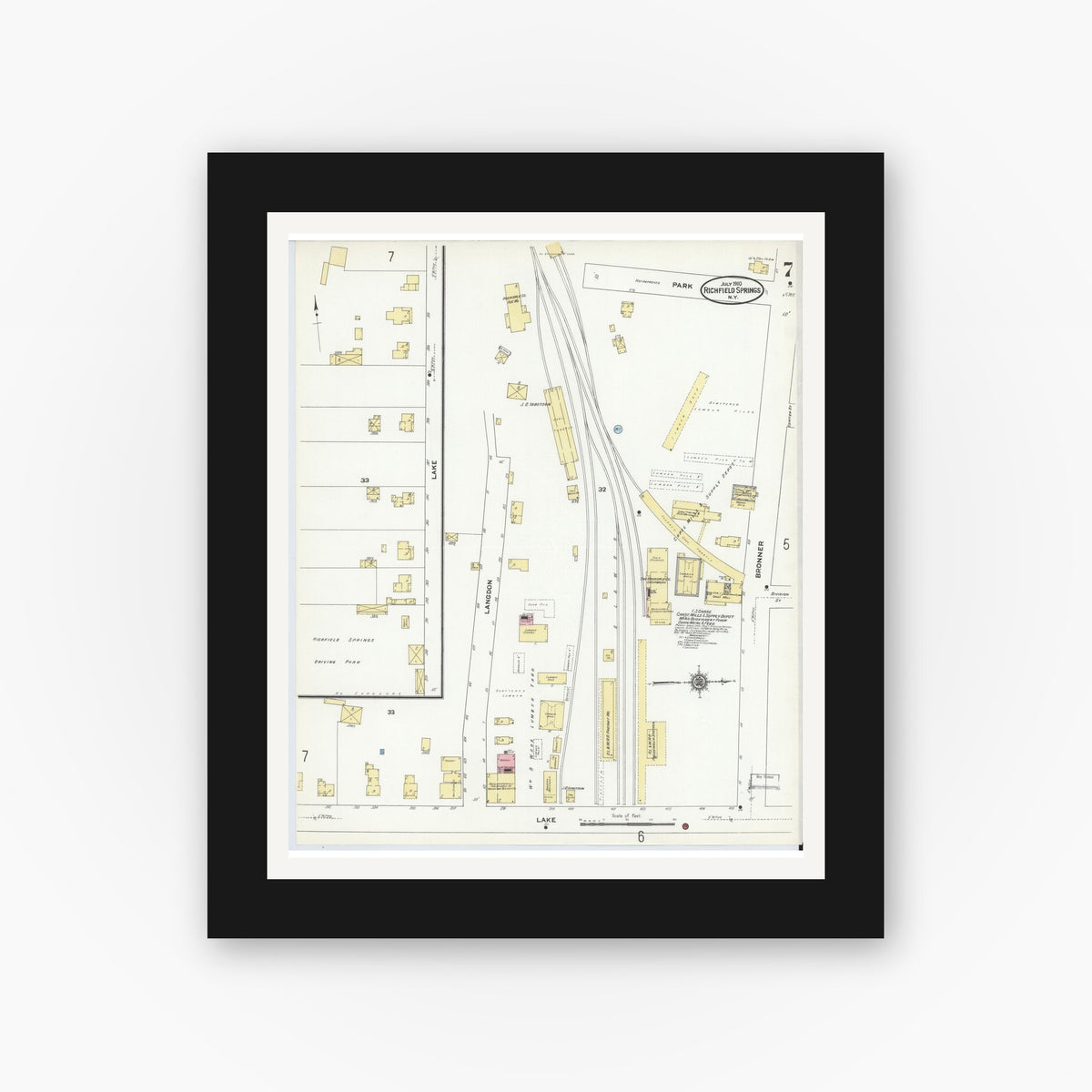 Old map wall art mockup — black gallery frame with white mat — Sanborn Fire Insurance Map from Richfield Springs, Otsego County, New York (1910), Sheet #0007