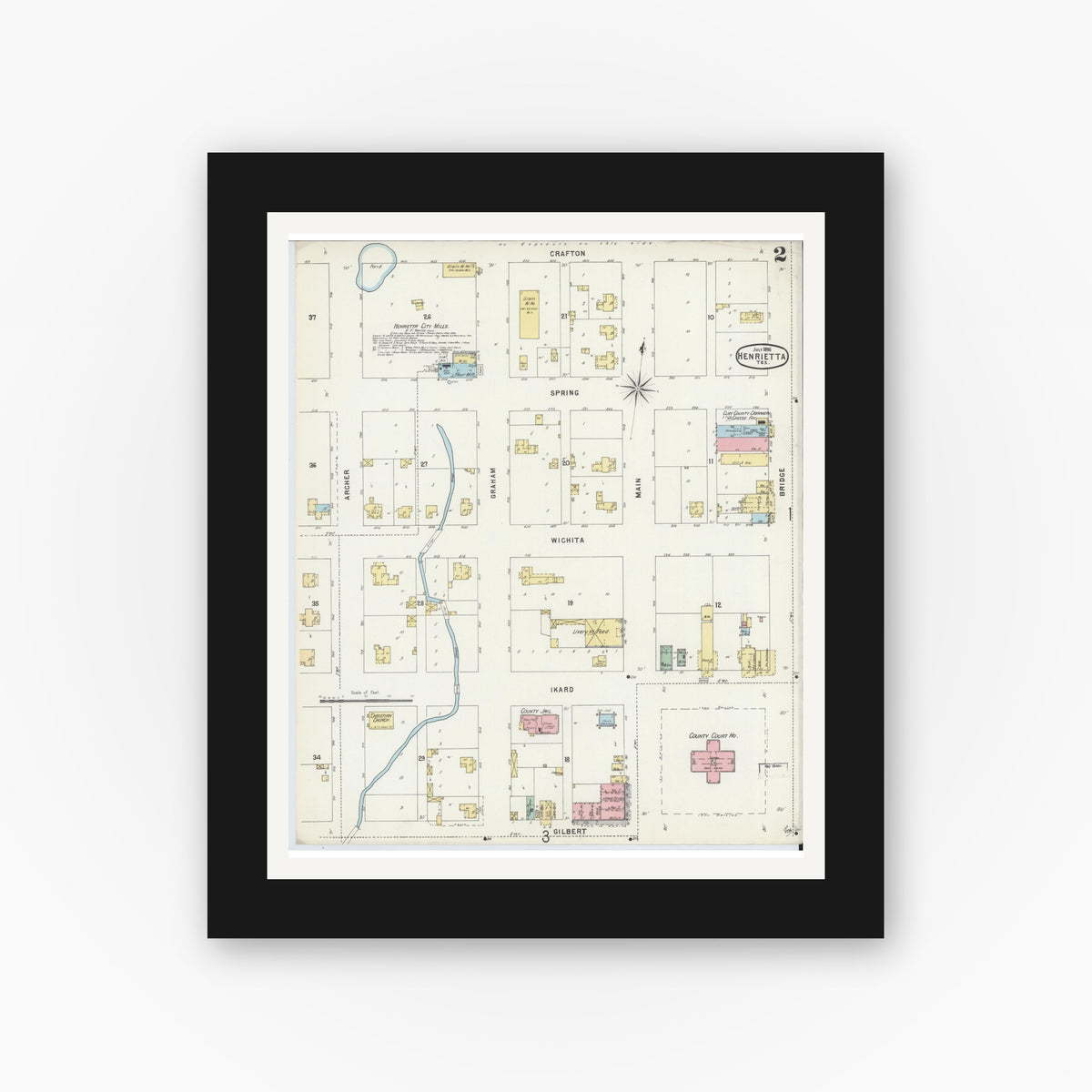 Old map wall art mockup — black gallery frame with white mat — Sanborn Fire Insurance Map from Henrietta, Clay County, Texas (1896), Sheet #0002