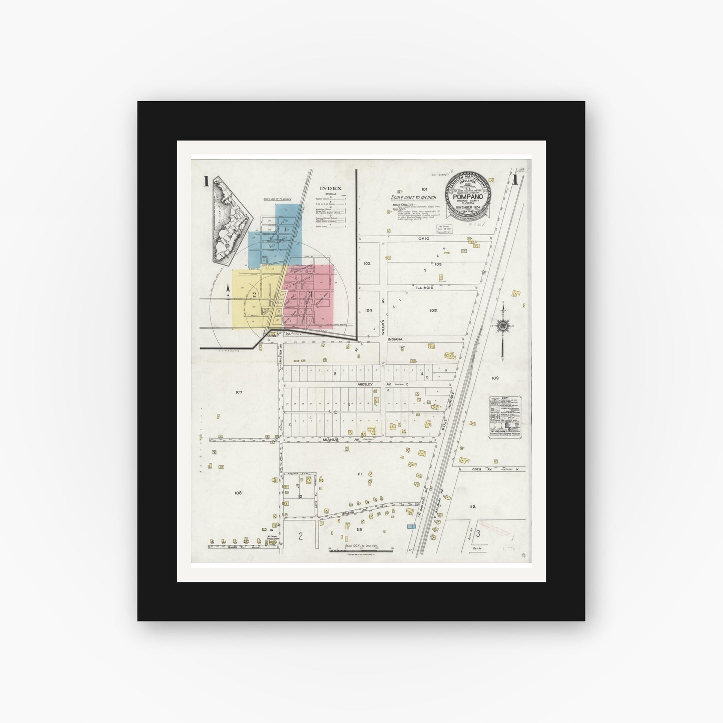 Old map wall art mockup — black gallery frame with white mat — Sanborn Fire Insurance Map from Pompano, Broward County, Florida (1924), Sheet #0001