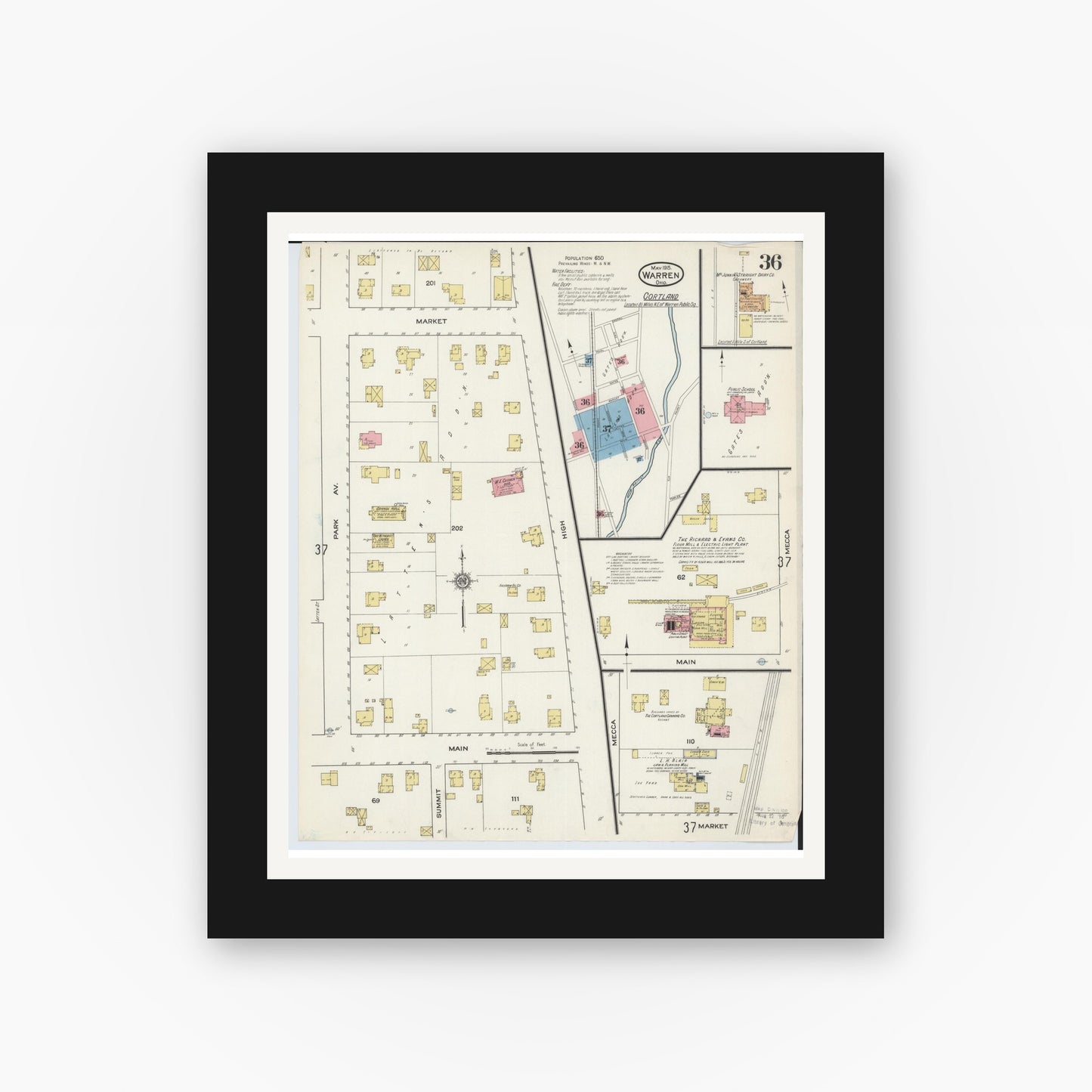 Old map wall art mockup — black gallery frame with white mat — Sanborn Fire Insurance Map from Warren, Trumbull County, Ohio (1915), Sheet #0036