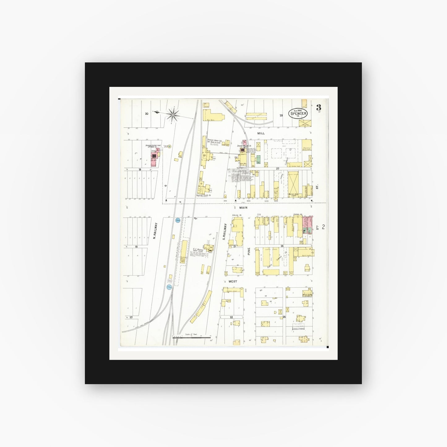 Old map wall art mockup — black gallery frame with white mat — Sanborn Fire Insurance Map from Spencer, Clay County, Iowa (1900), Sheet #0003