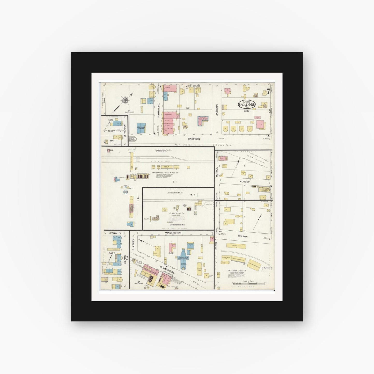 Old map wall art mockup — black gallery frame with white mat — Sanborn Fire Insurance Map from Eagle Pass, Maverick County, Texas (1916), Sheet #0007