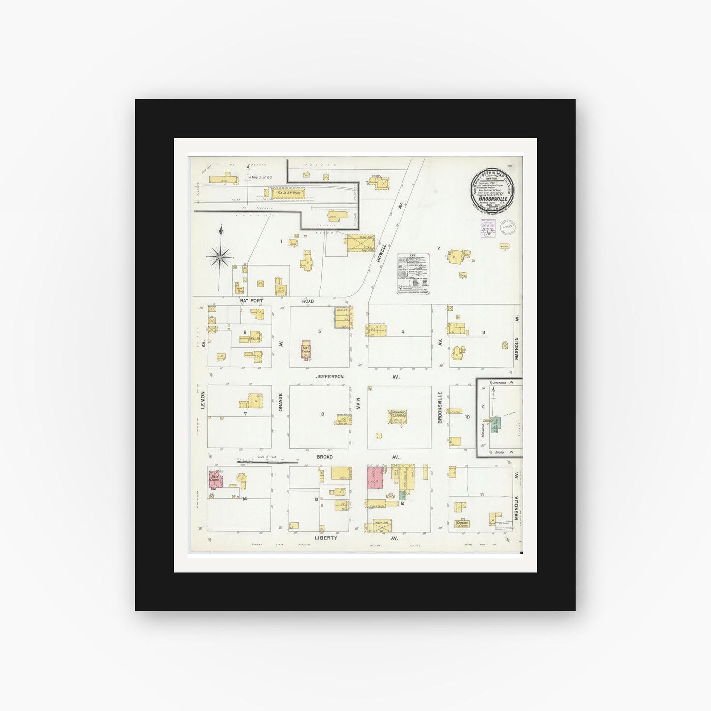 Old map wall art mockup — black gallery frame with white mat — Sanborn Fire Insurance Map from Brooksville, Hernando County, Florida (1901), Sheet #0001