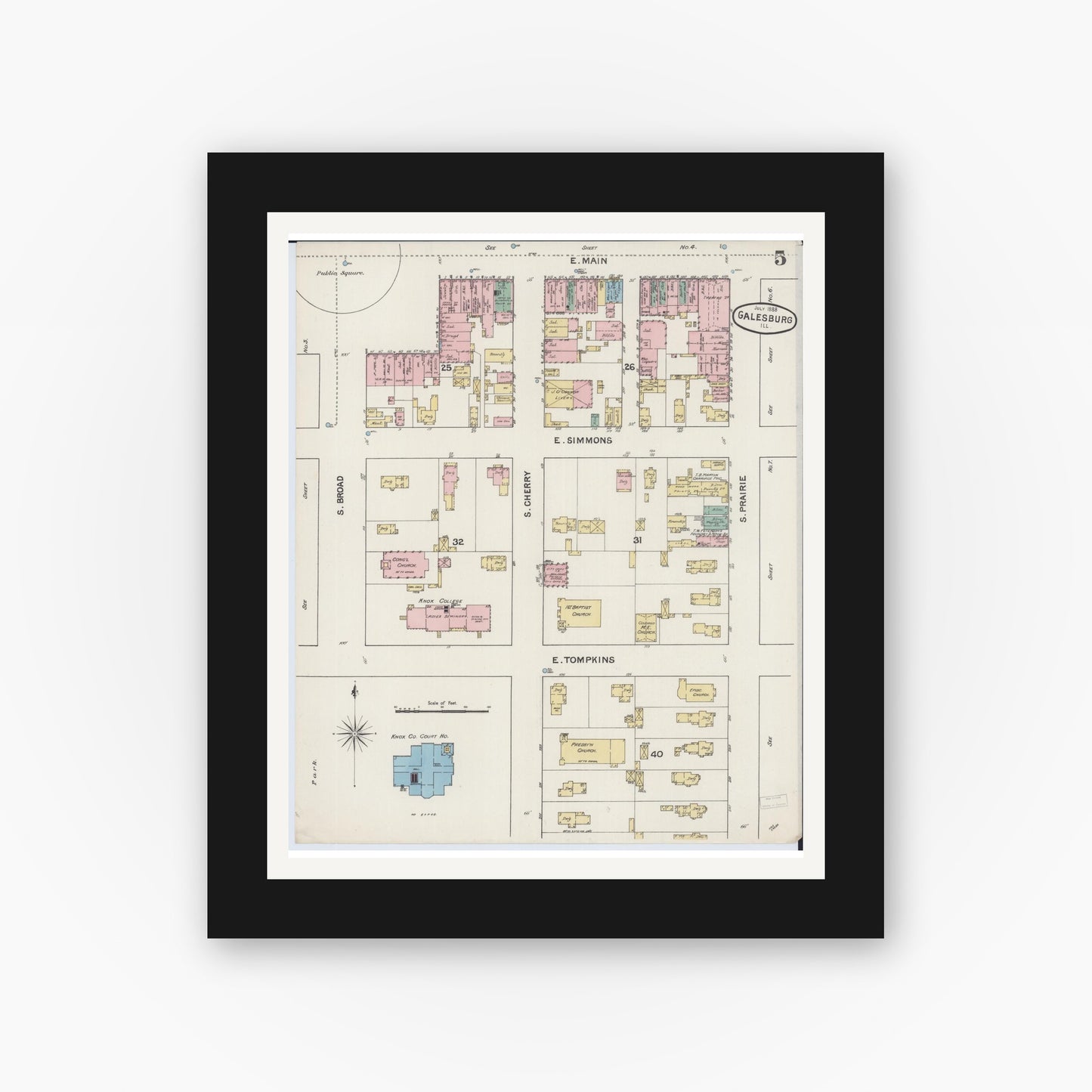 Old map wall art mockup — black gallery frame with white mat — Sanborn Fire Insurance Map from Galesburg, Knox County, Illinois (1888), Sheet #0005