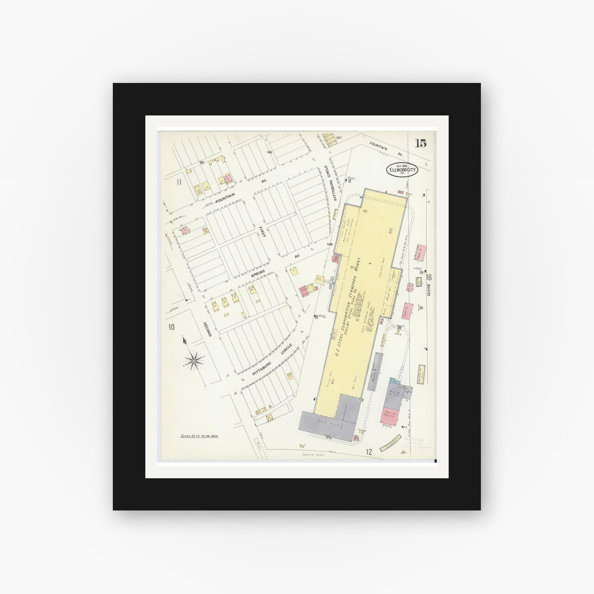 Old map wall art mockup — black gallery frame with white mat — Sanborn Fire Insurance Map from Ellwood City, Lawrence County, Pennsylvania (1908), Sheet #0015