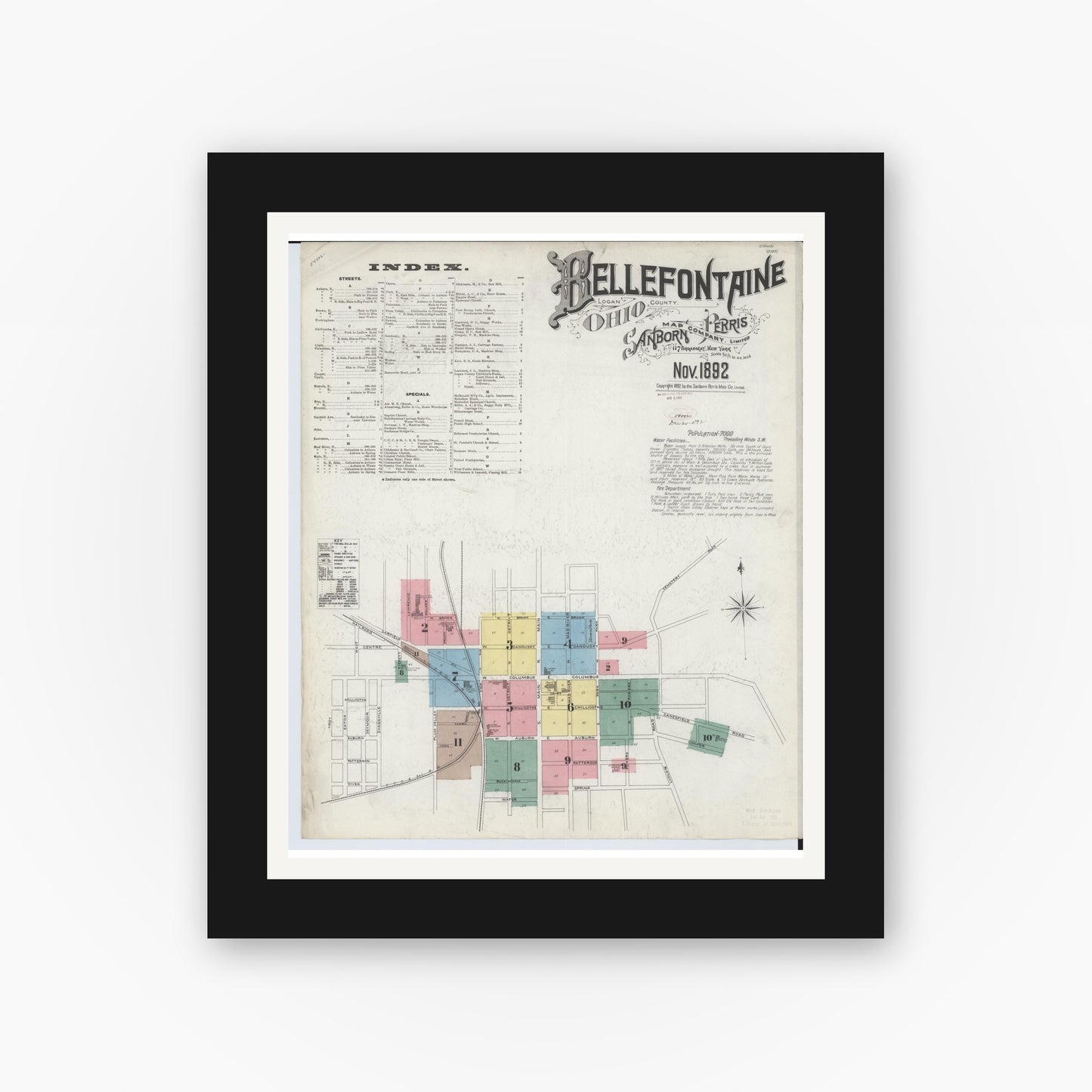 Old map wall art mockup — black gallery frame with white mat — Sanborn Fire Insurance Map from Bellefontaine, Logan County, Ohio (1892), Sheet #0001