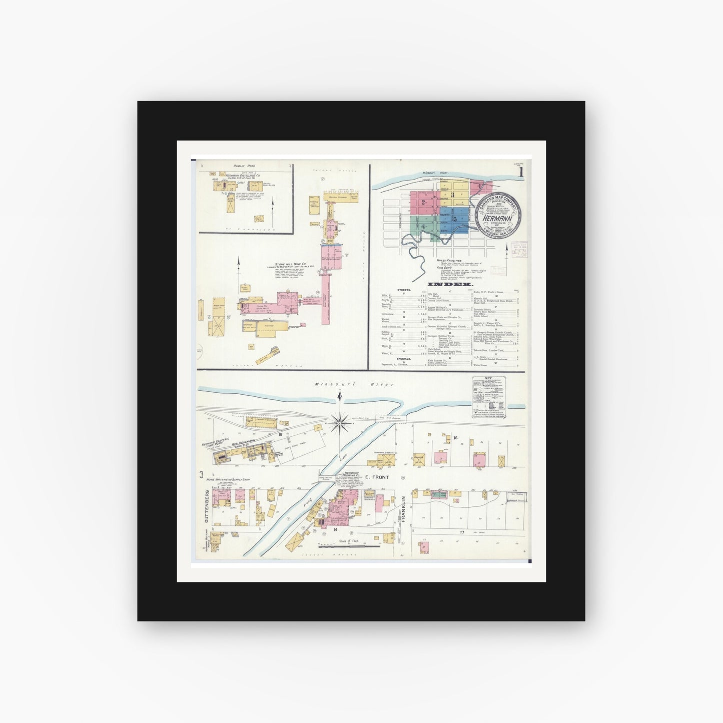 Old map wall art mockup — black gallery frame with white mat — Sanborn Fire Insurance Map from Hermann, Gasconade County, Missouri (1908), Sheet #0001