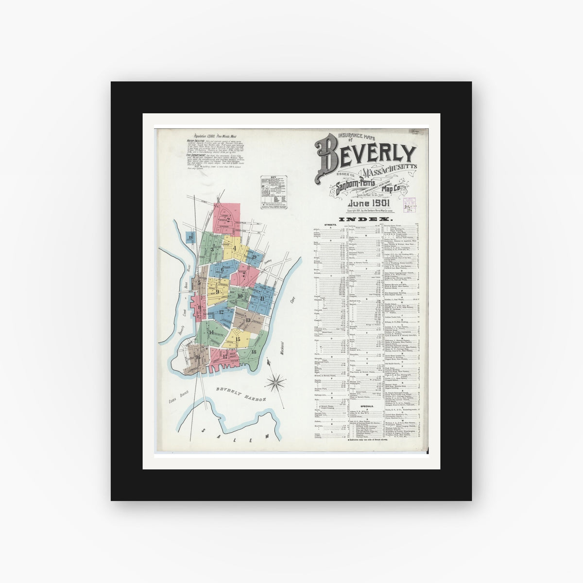 Old map wall art mockup — black gallery frame with white mat — Sanborn Fire Insurance Map from Beverly, Essex County, Massachusetts (1901) - Complete Map Set