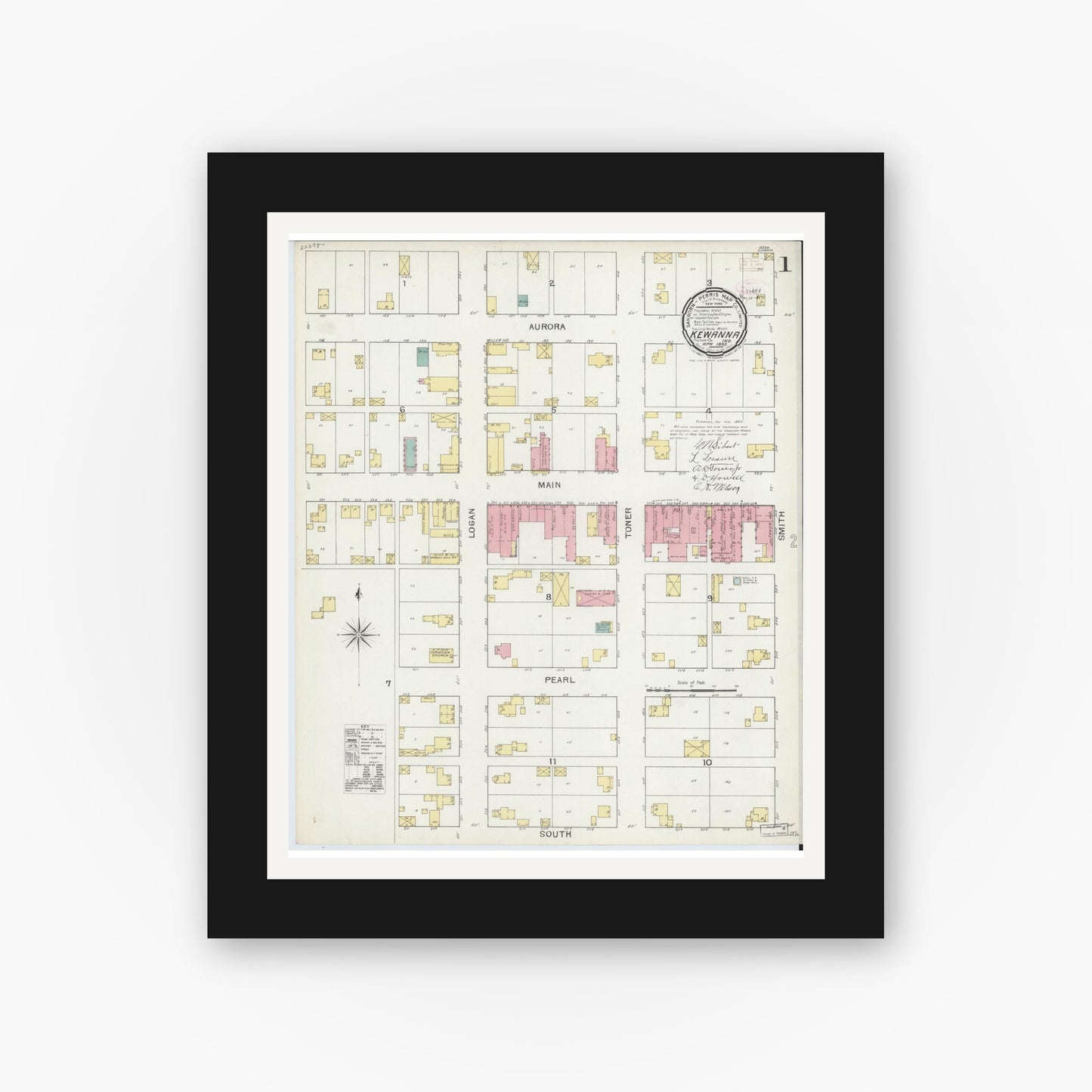 Old map wall art mockup — black gallery frame with white mat — Sanborn Fire Insurance Map from Kewanna, Fulton County, Indiana (1893), Sheet #0001