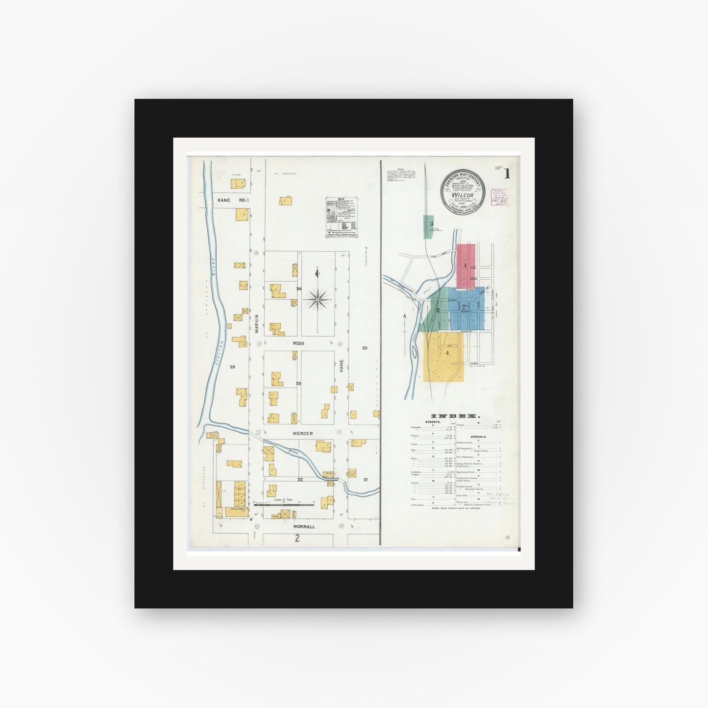 Old map wall art mockup — black gallery frame with white mat — Sanborn Fire Insurance Map from Wilcox, Elk County, Pennsylvania (1905) - Complete Map Set