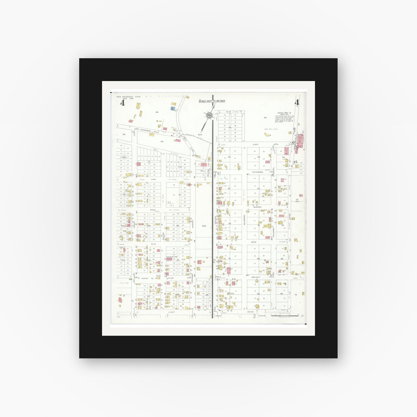 Old map wall art mockup — black gallery frame with white mat — Sanborn Fire Insurance Map from New Richmond, Clermont County, Ohio (1933), Sheet #0004