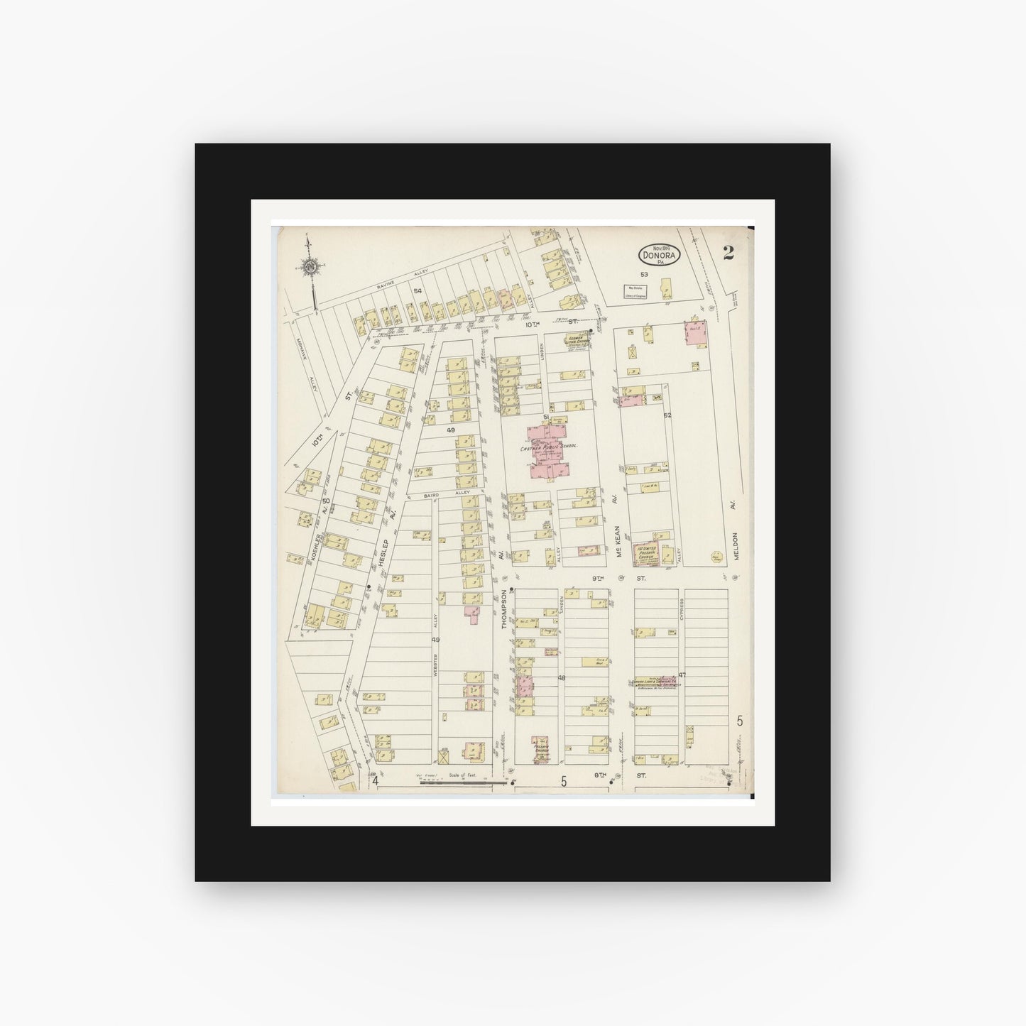 Old map wall art mockup — black gallery frame with white mat — Sanborn Fire Insurance Map from Donora, Washington County, Pennsylvania (1914), Sheet #0002