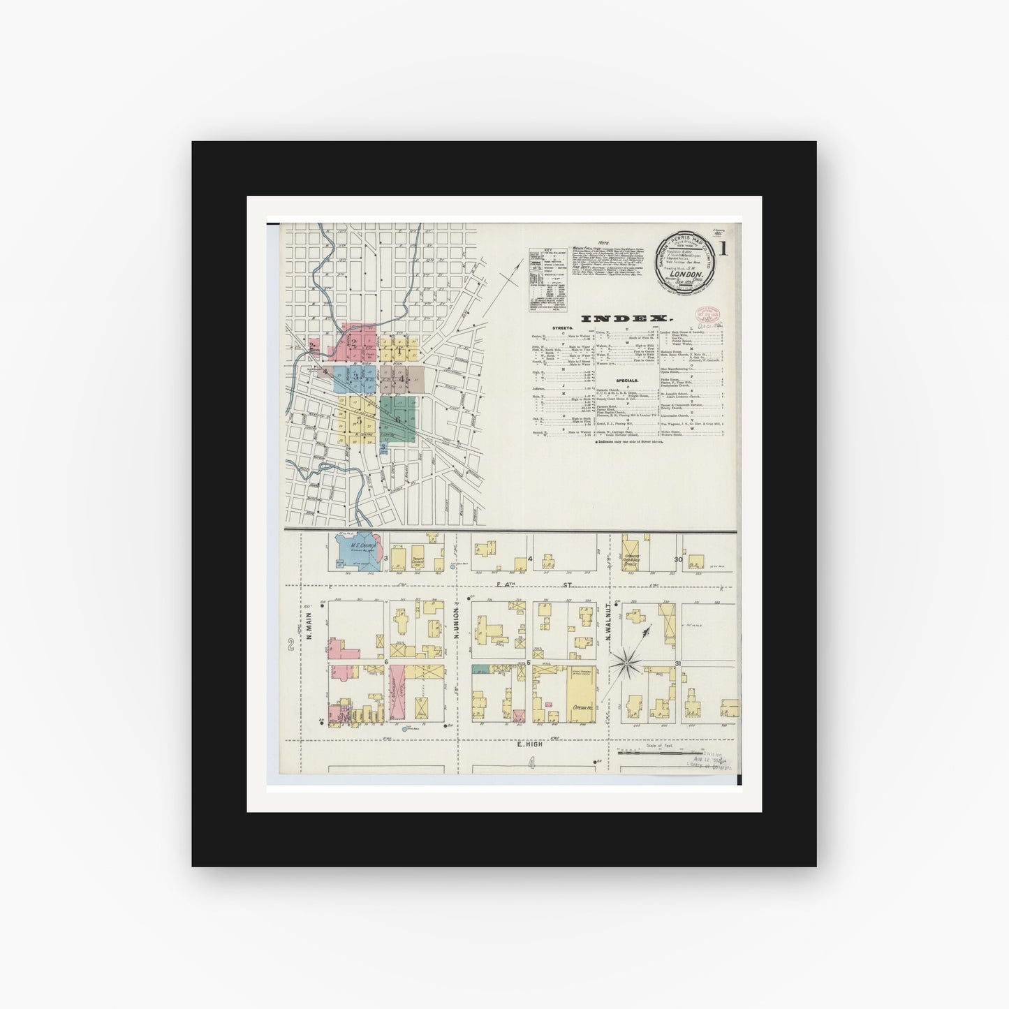 Old map wall art mockup — black gallery frame with white mat — Sanborn Fire Insurance Map from London, Madison County, Ohio (1895), Sheet #0001