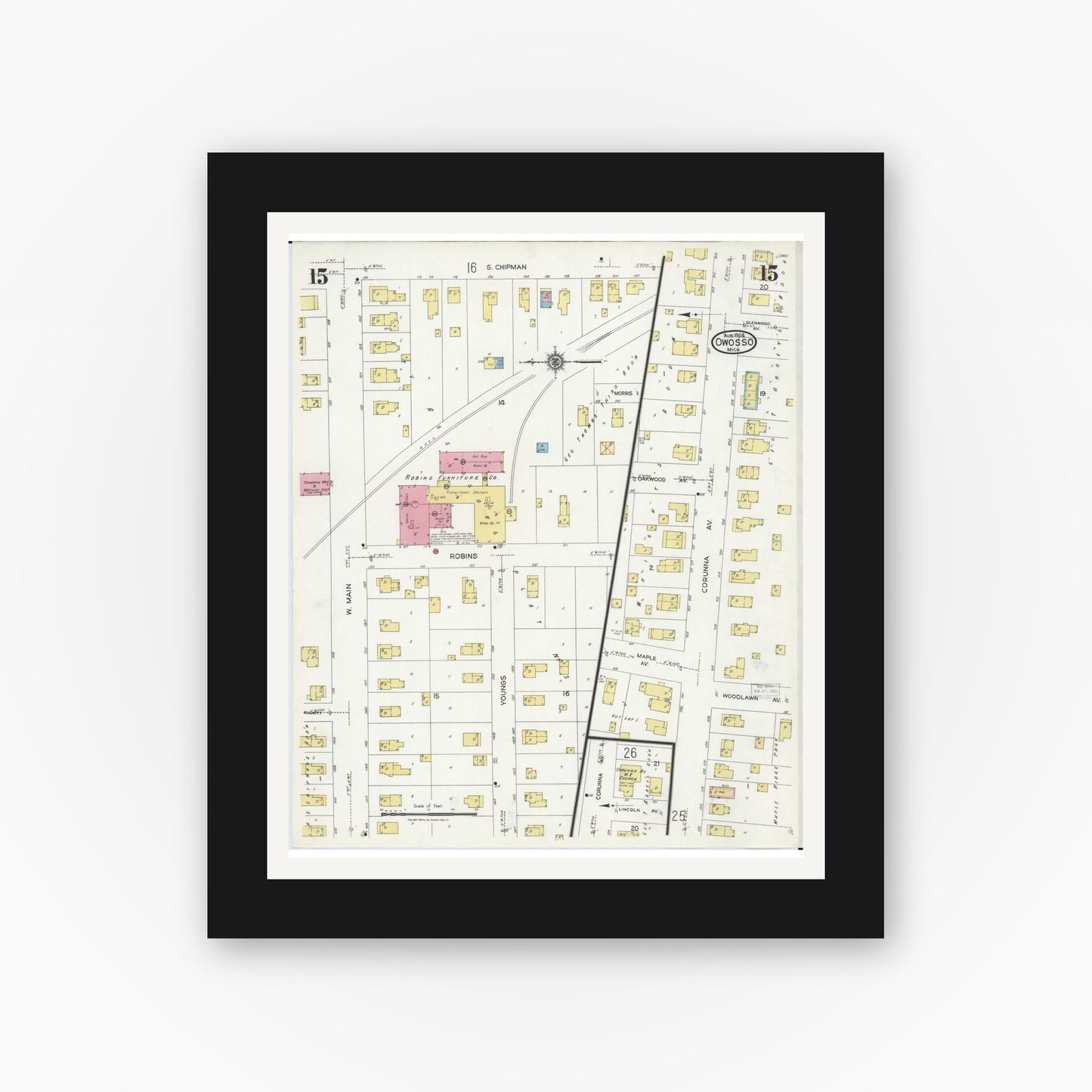 Old map wall art mockup — black gallery frame with white mat — Sanborn Fire Insurance Map from Owosso, Shiawassee County, Michigan (1924), Sheet #0015