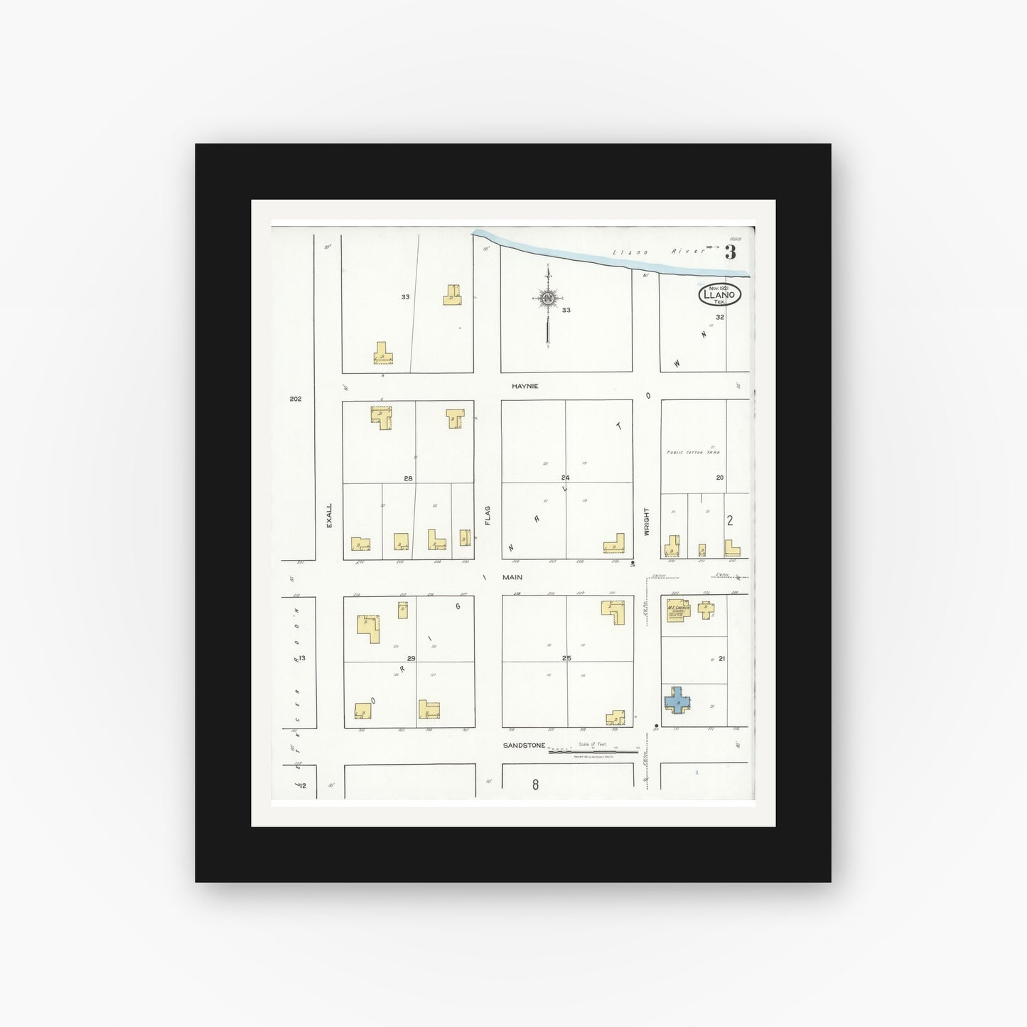 Old map wall art mockup — black gallery frame with white mat — Sanborn Fire Insurance Map from Llano, Llano County, Texas (1921), Sheet #0003