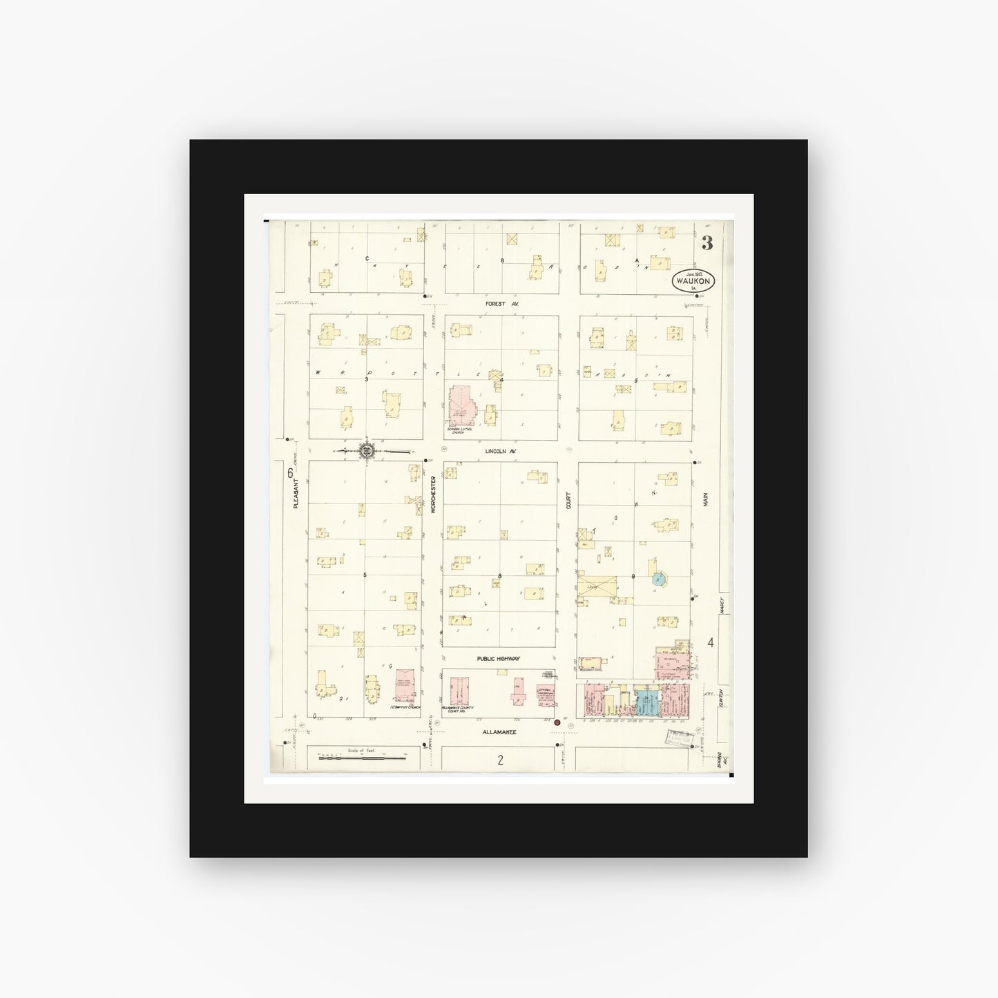 Old map wall art mockup — black gallery frame with white mat — Sanborn Fire Insurance Map from Waukon, Allamakee County, Iowa (1913), Sheet #0003