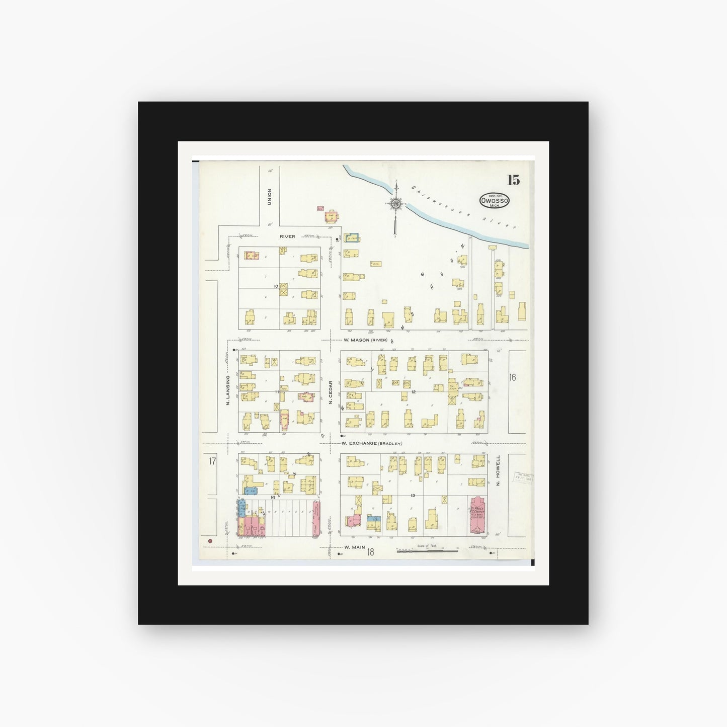 Old map wall art mockup — black gallery frame with white mat — Sanborn Fire Insurance Map from Owosso, Shiawassee County, Michigan (1915), Sheet #0015