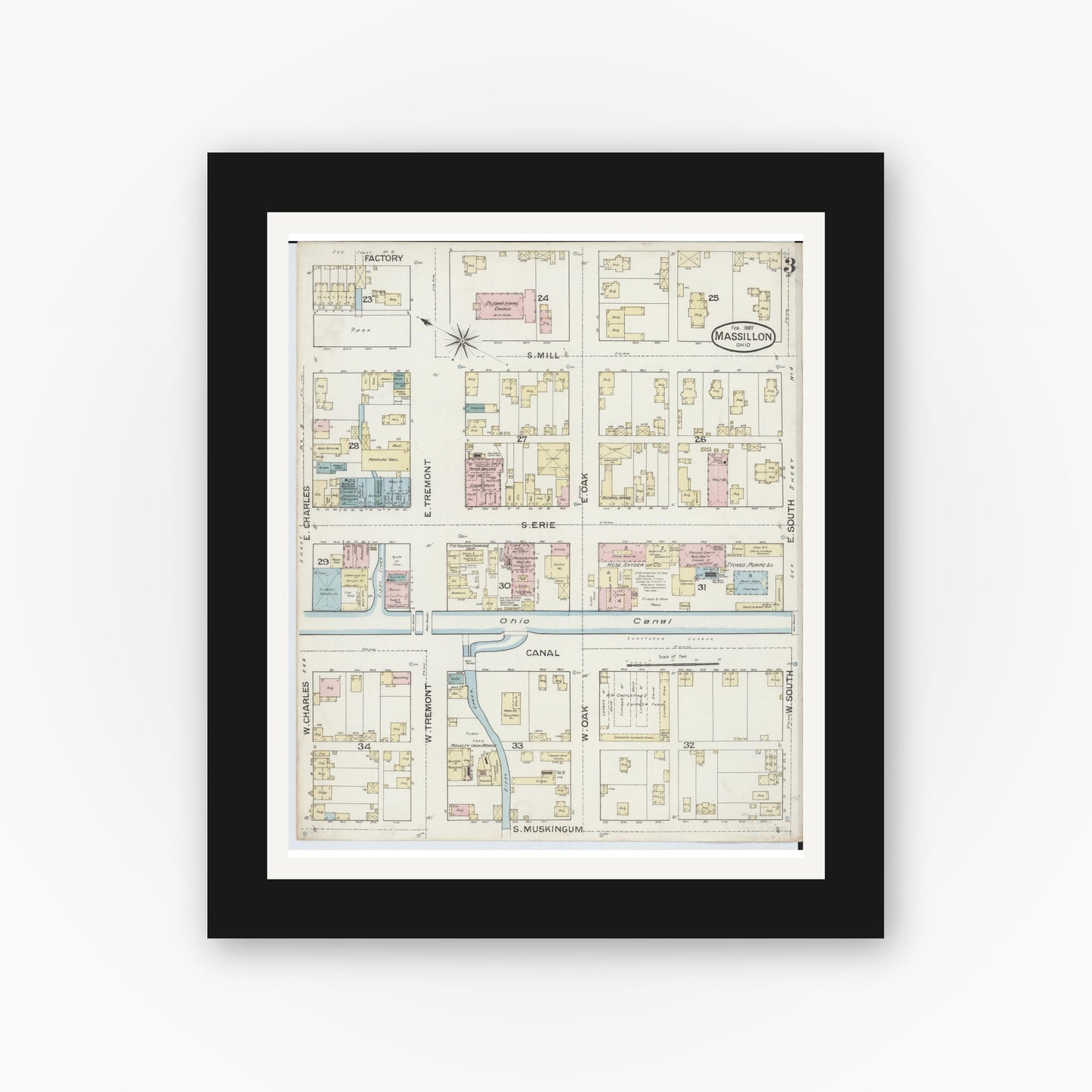 Old map wall art mockup — black gallery frame with white mat — Sanborn Fire Insurance Map from Massillon, Stark County, Ohio (1887), Sheet #0003