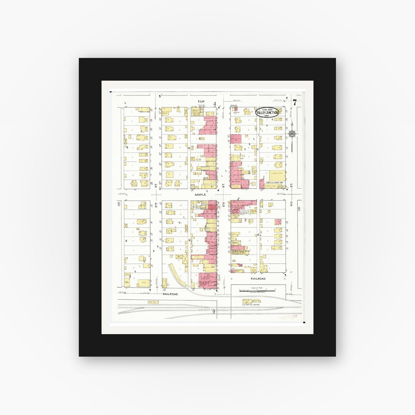 Old map wall art mockup — black gallery frame with white mat — Sanborn Fire Insurance Map from Valley Junction, Polk County, Iowa (1920), Sheet #0007