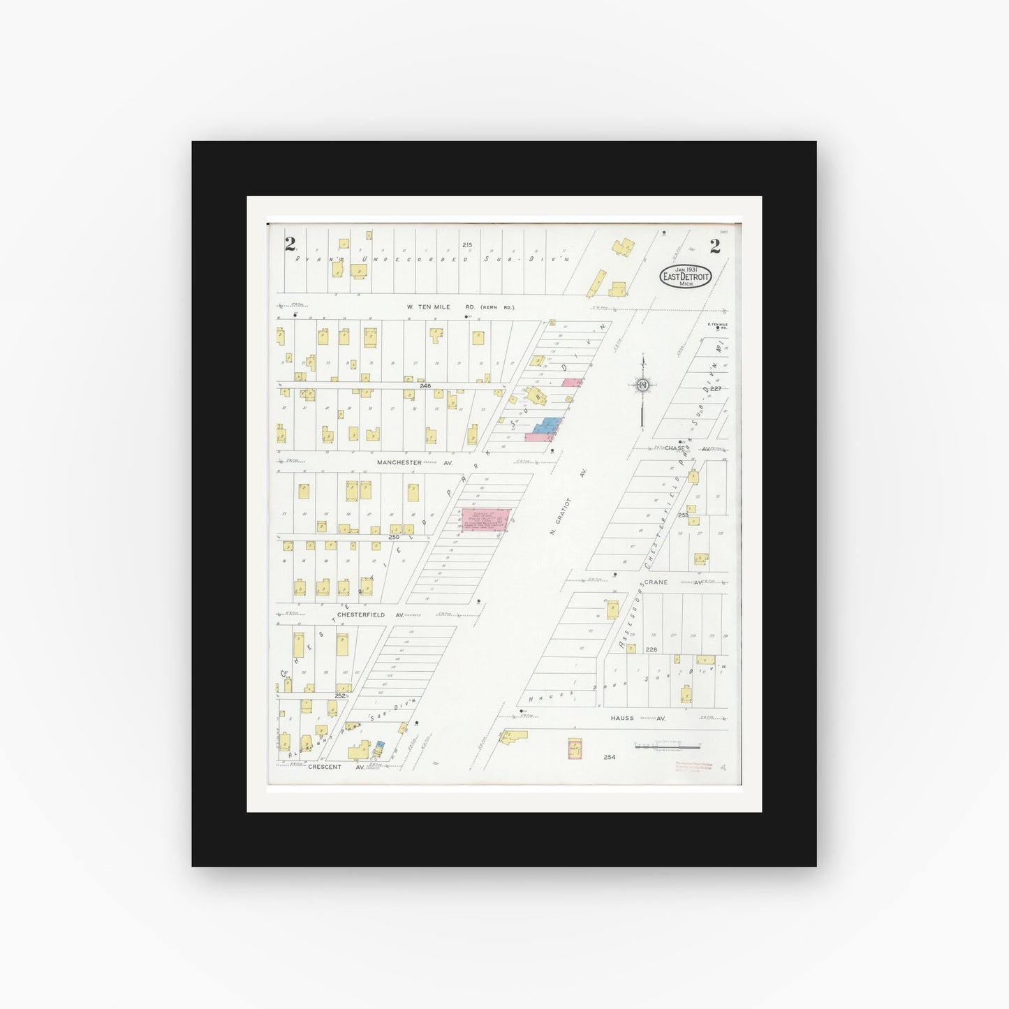 Old map wall art mockup — black gallery frame with white mat — Sanborn Fire Insurance Map from East Detroit, Macomb County, Michigan (1931), Sheet #0002