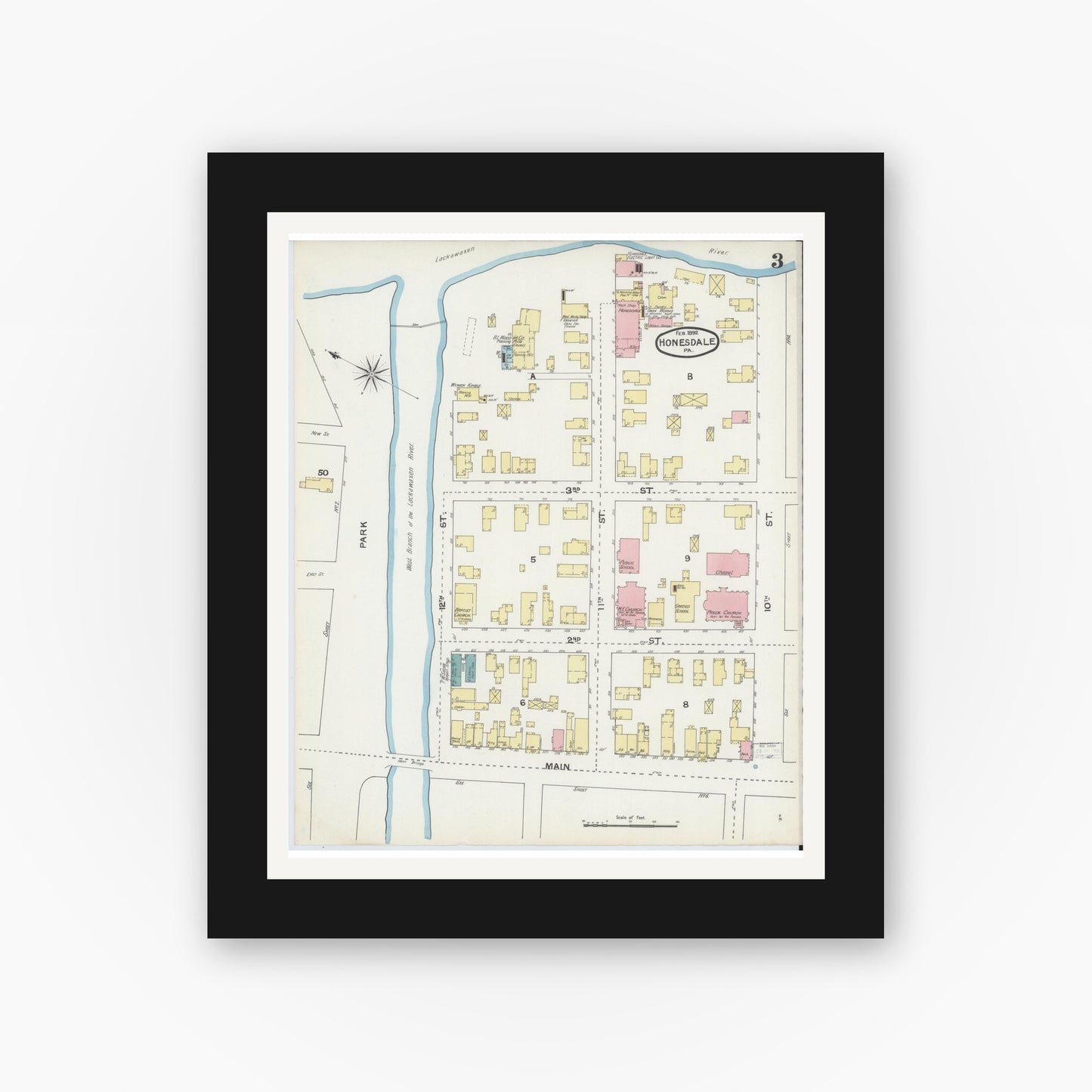 Old map wall art mockup — black gallery frame with white mat — Sanborn Fire Insurance Map from Honesdale, Wayne County, Pennsylvania (1892), Sheet #0003