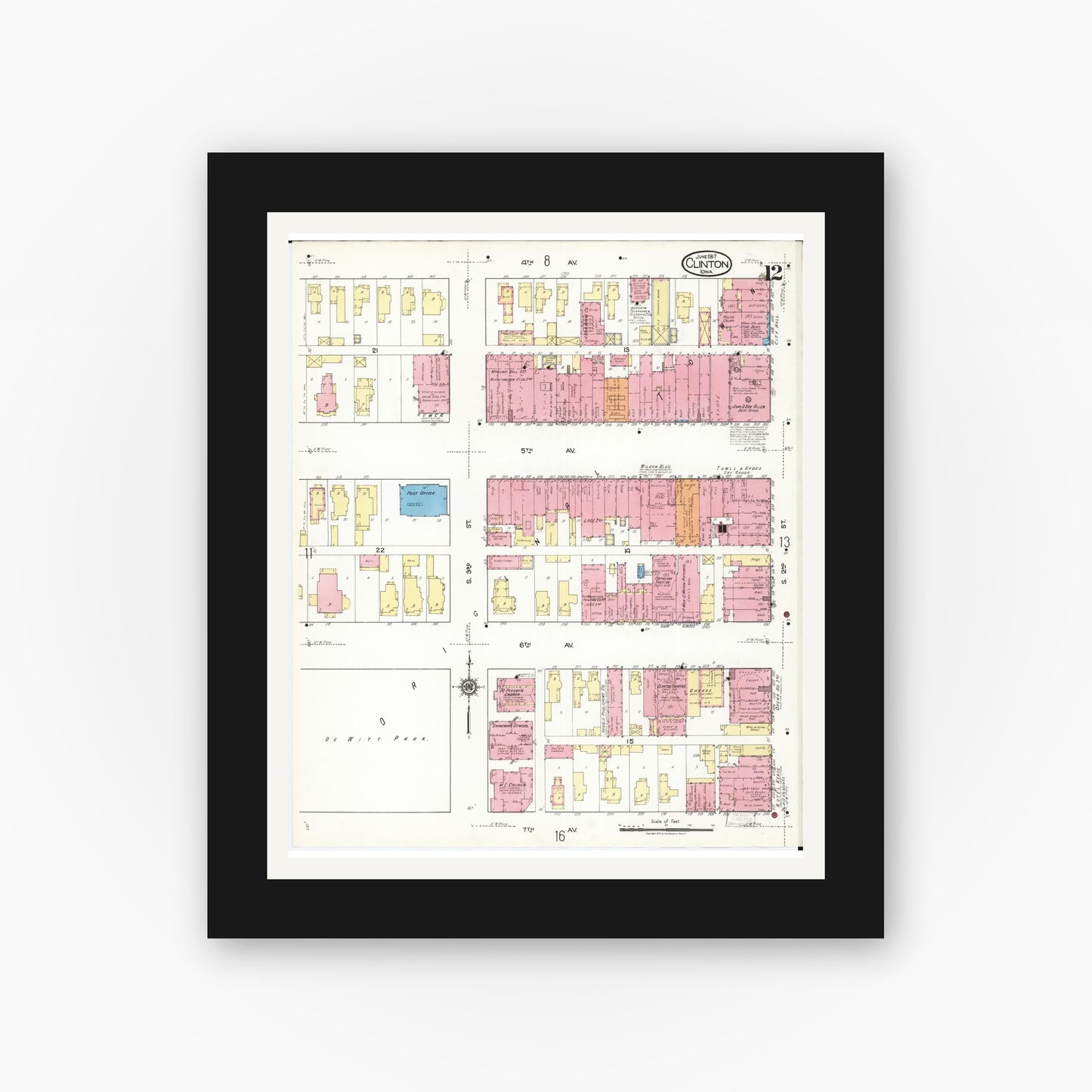 Old map wall art mockup — black gallery frame with white mat — Sanborn Fire Insurance Map from Clinton, Clinton County, Iowa (1917), Sheet #0012