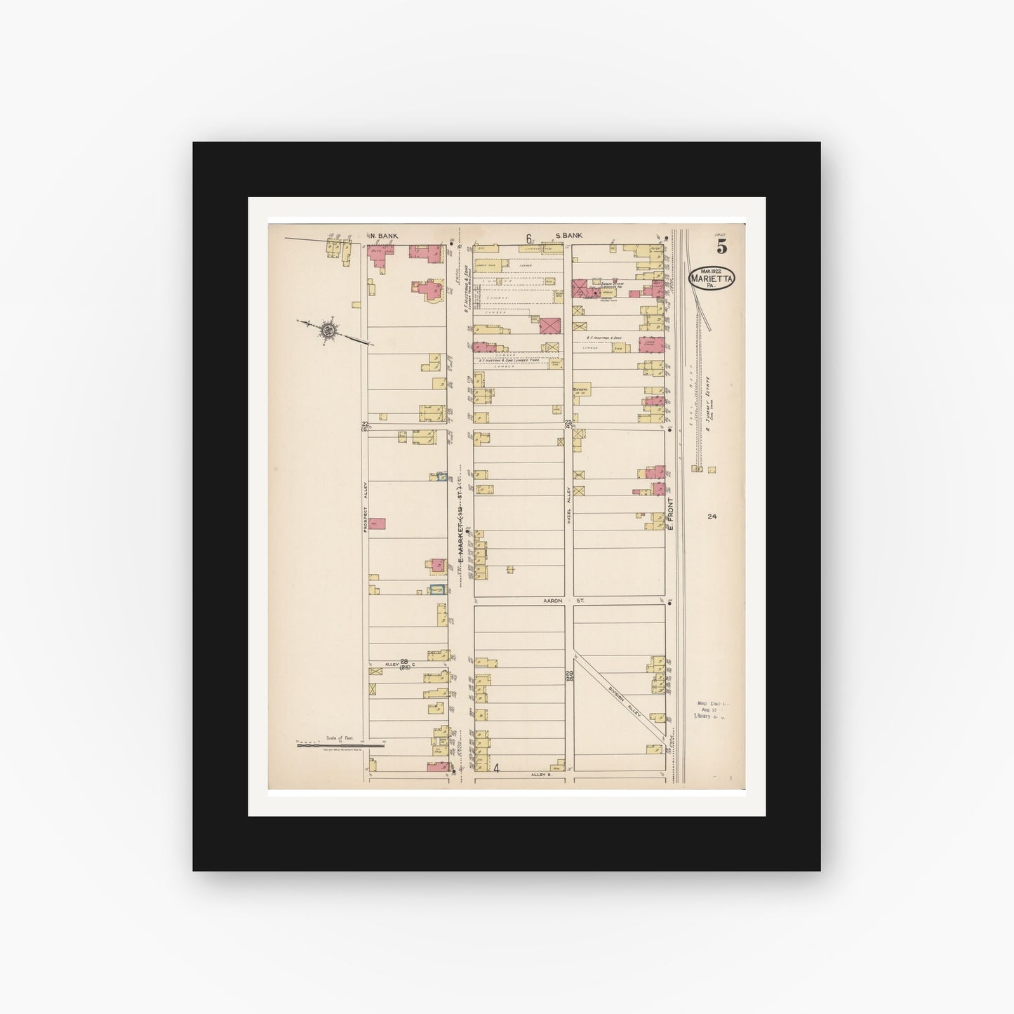 Old map wall art mockup — black gallery frame with white mat — Sanborn Fire Insurance Map from Marietta, Lancaster County, Pennsylvania (1922), Sheet #0005