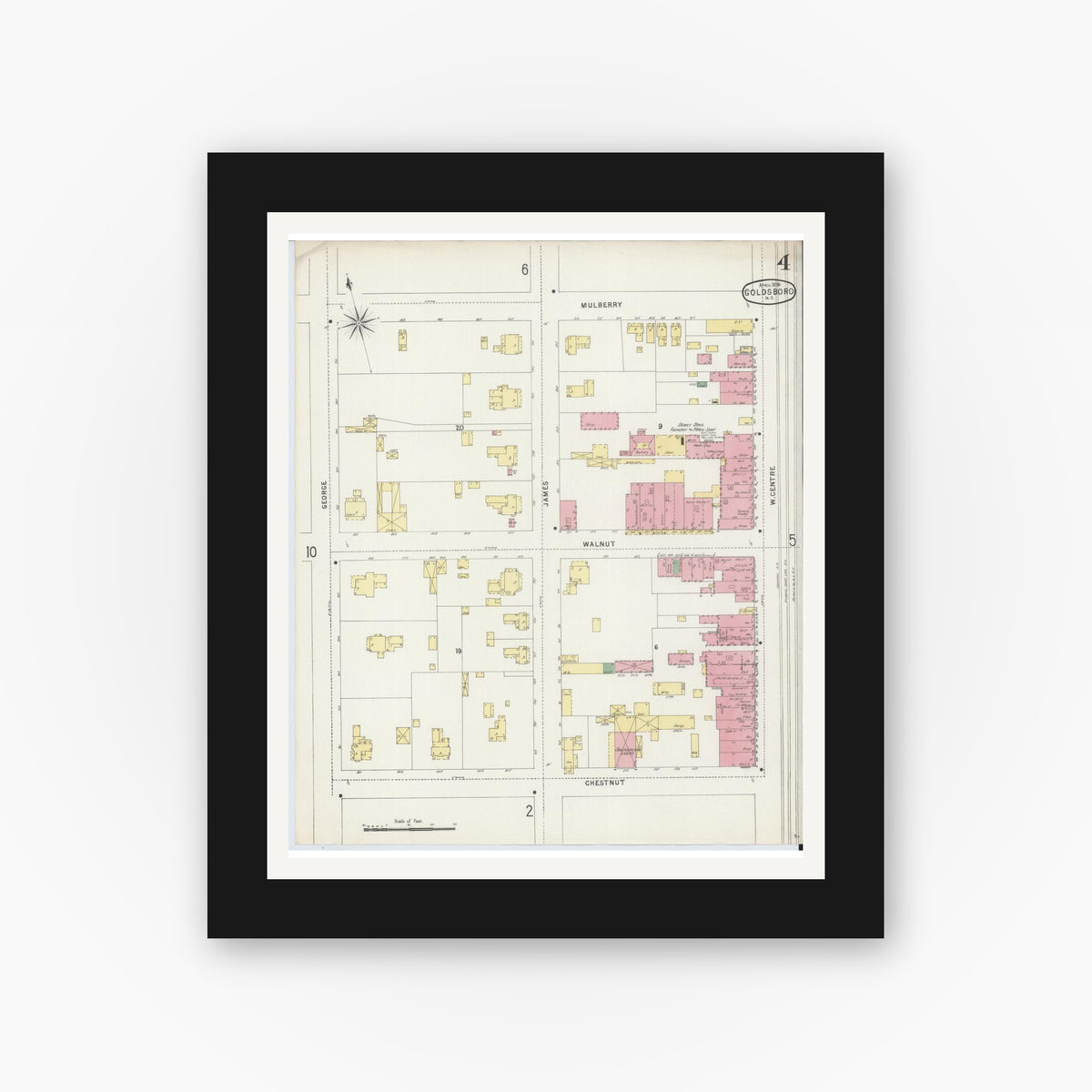 Old map wall art mockup — black gallery frame with white mat — Sanborn Fire Insurance Map from Goldsboro, Wayne County, North Carolina (1896), Sheet #0004