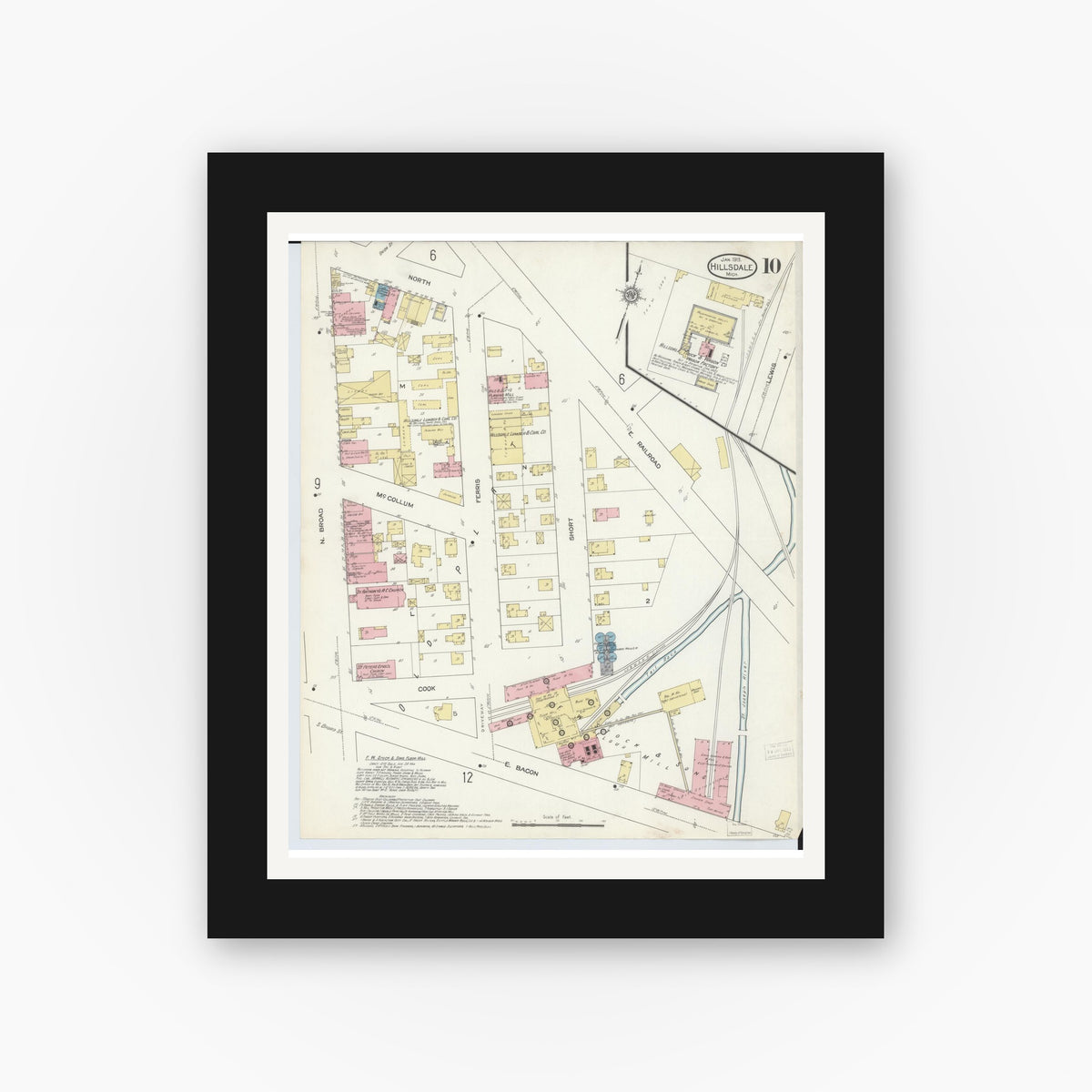 Old map wall art mockup — black gallery frame with white mat — Sanborn Fire Insurance Map from Hillsdale, Hillsdale County, Michigan (1913), Sheet #0010