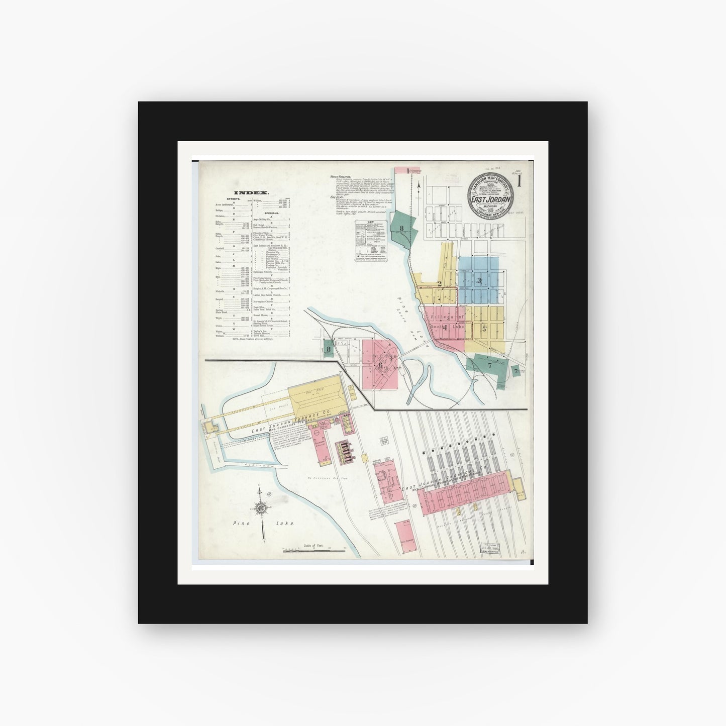 Old map wall art mockup — black gallery frame with white mat — Sanborn Fire Insurance Map from East Jordan, Charlevoix County, Michigan (1912) - Complete Map Set