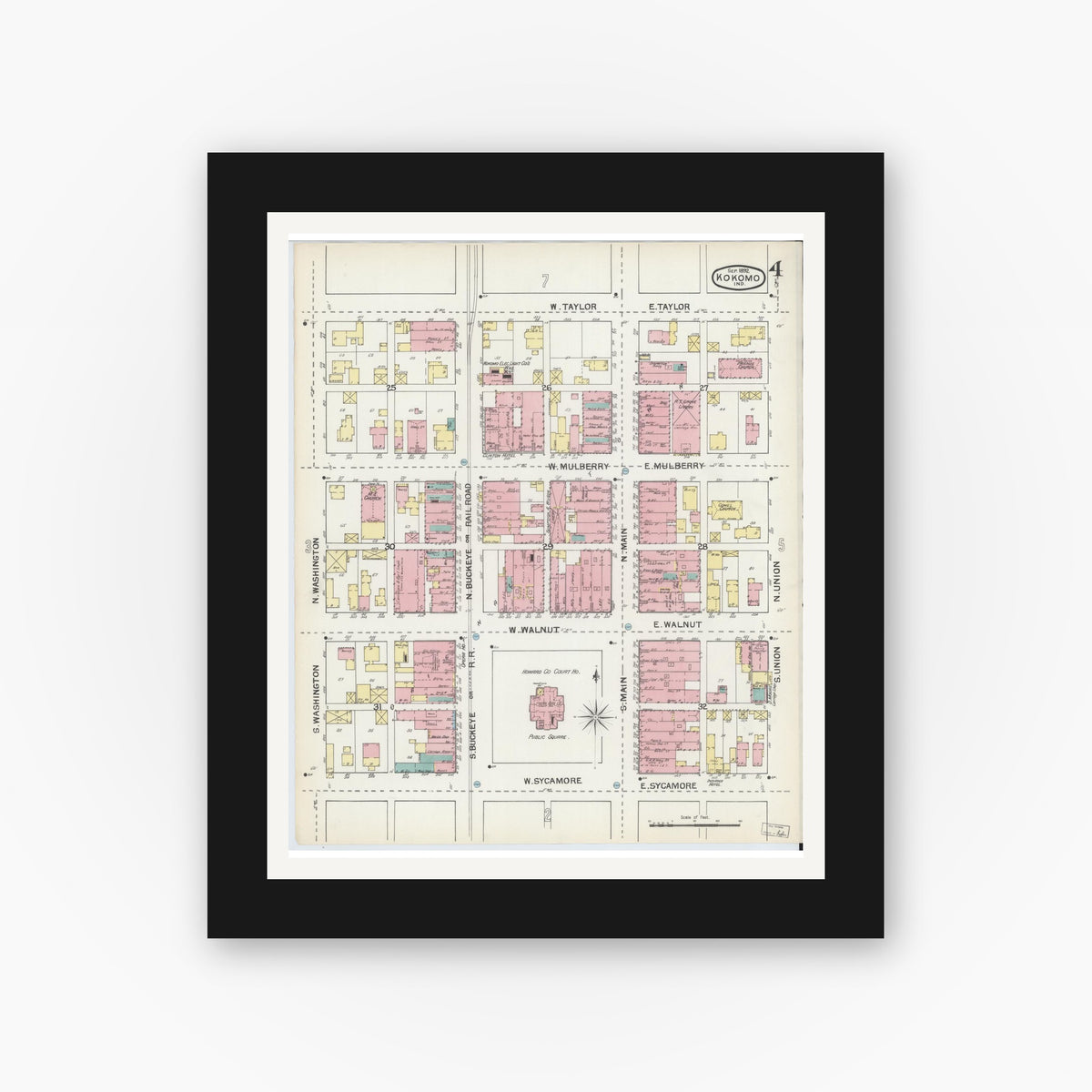 Old map wall art mockup — black gallery frame with white mat — Sanborn Fire Insurance Map from Kokomo, Howard County, Indiana (1892), Sheet #0004