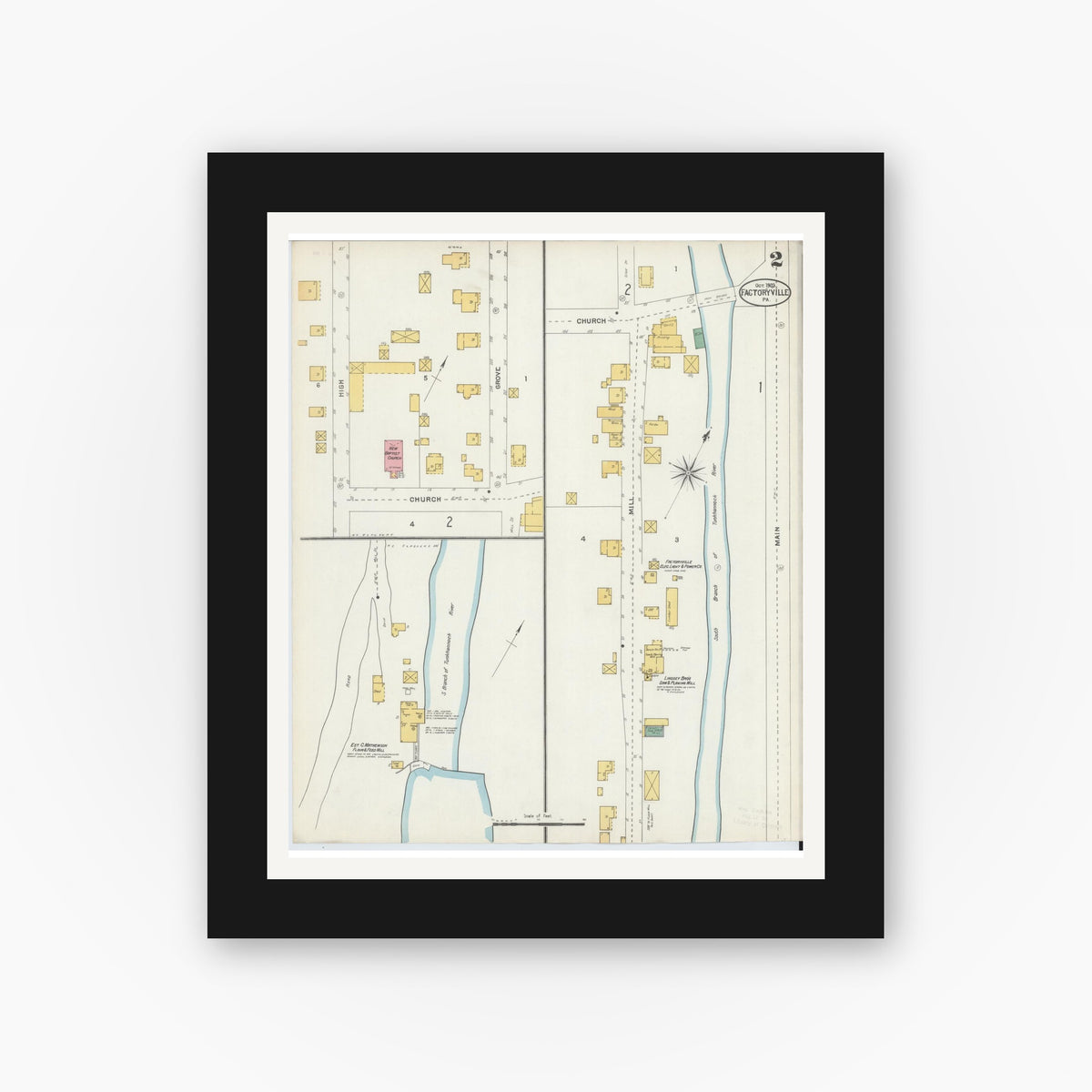 Old map wall art mockup — black gallery frame with white mat — Sanborn Fire Insurance Map from Factoryville, Wyoming County, Pennsylvania (1903), Sheet #0002