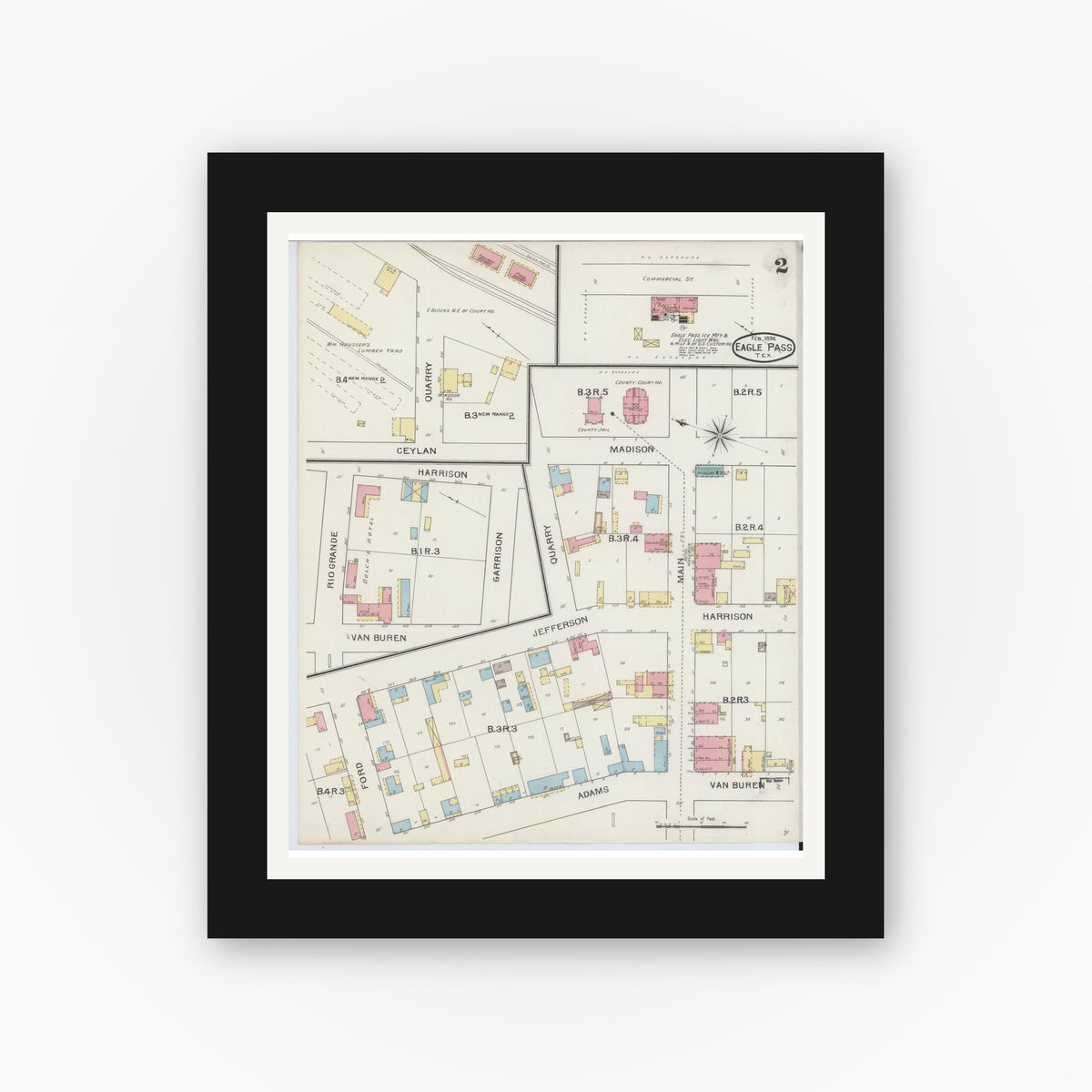 Old map wall art mockup — black gallery frame with white mat — Sanborn Fire Insurance Map from Eagle Pass, Maverick County, Texas (1894), Sheet #0002