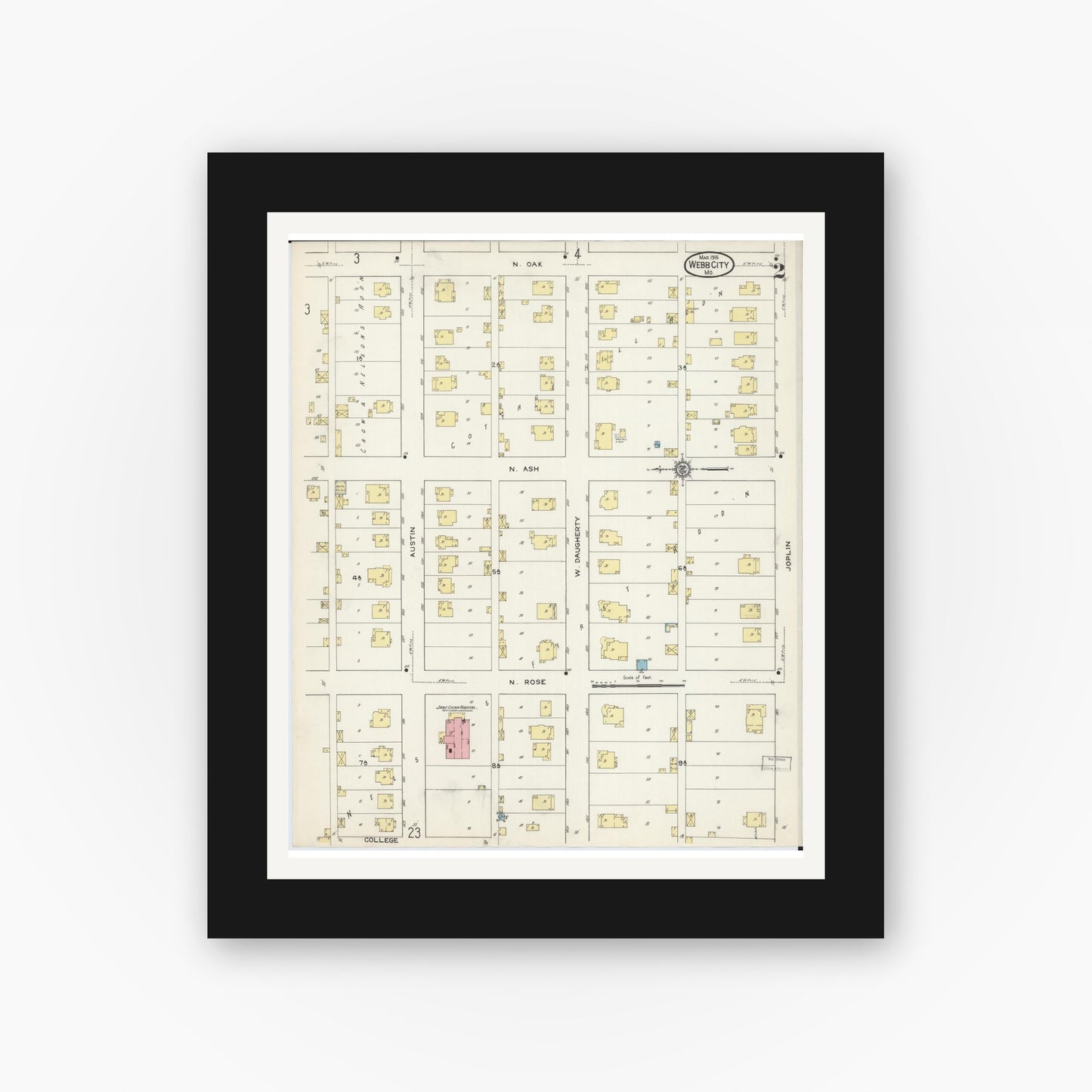 Old map wall art mockup — black gallery frame with white mat — Sanborn Fire Insurance Map from Webb City, Jasper County, Missouri (1915), Sheet #0002