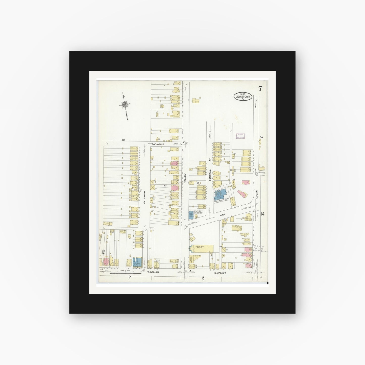 Old map wall art mockup — black gallery frame with white mat — Sanborn Fire Insurance Map from Lewistown, Mifflin County, Pennsylvania (1910), Sheet #0007