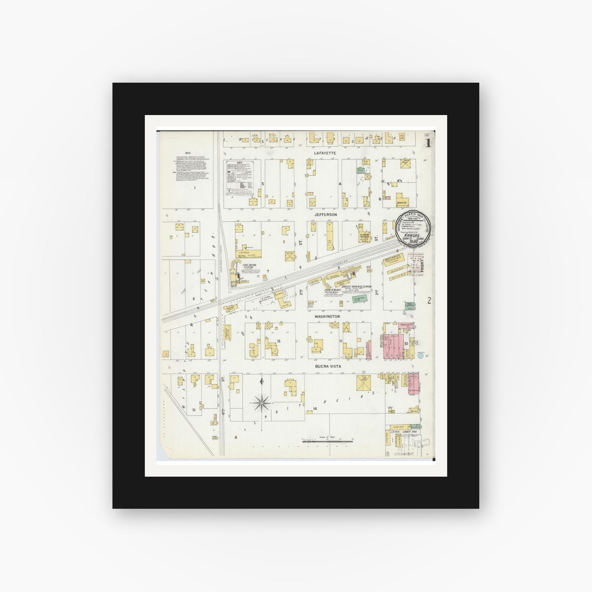Old map wall art mockup — black gallery frame with white mat — Sanborn Fire Insurance Map from Kansas, Edgar County, Illinois (1899) - Complete Map Set