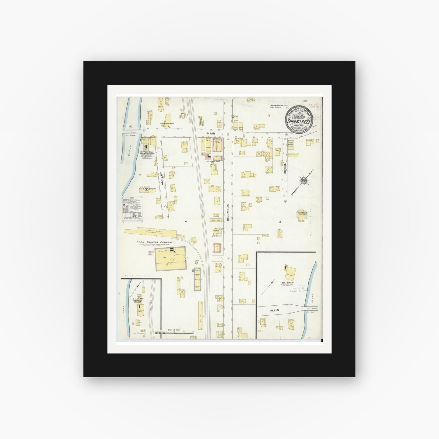 Old map wall art mockup — black gallery frame with white mat — Sanborn Fire Insurance Map from Spring Creek, Warren County, Pennsylvania (1910), Sheet #0001