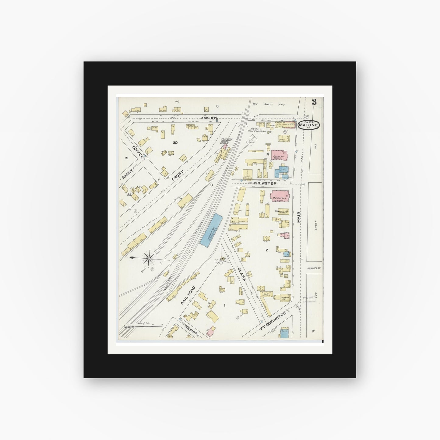 Old map wall art mockup — black gallery frame with white mat — Sanborn Fire Insurance Map from Malone, Franklin County, New York (1892), Sheet #0003