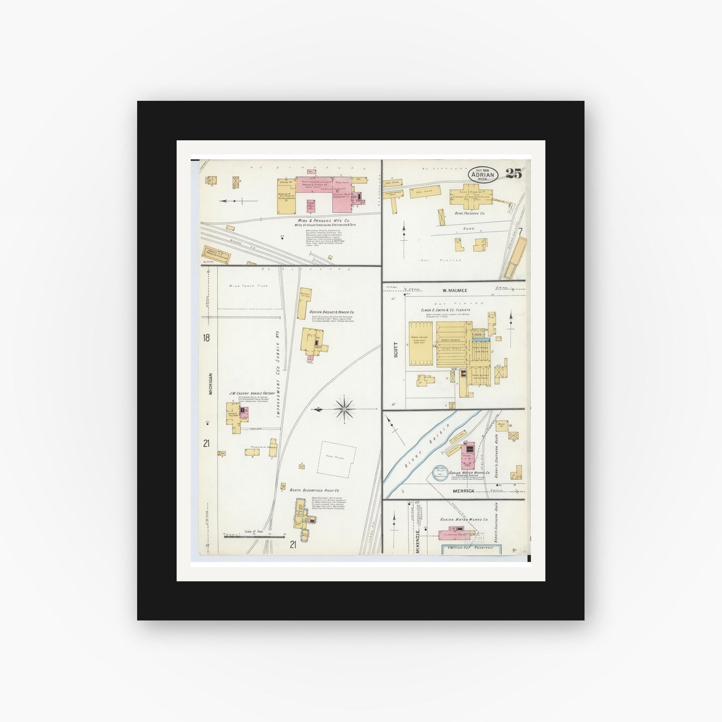 Old map wall art mockup — black gallery frame with white mat — Sanborn Fire Insurance Map from Adrian, Lenawee County, Michigan (1908), Sheet #0025
