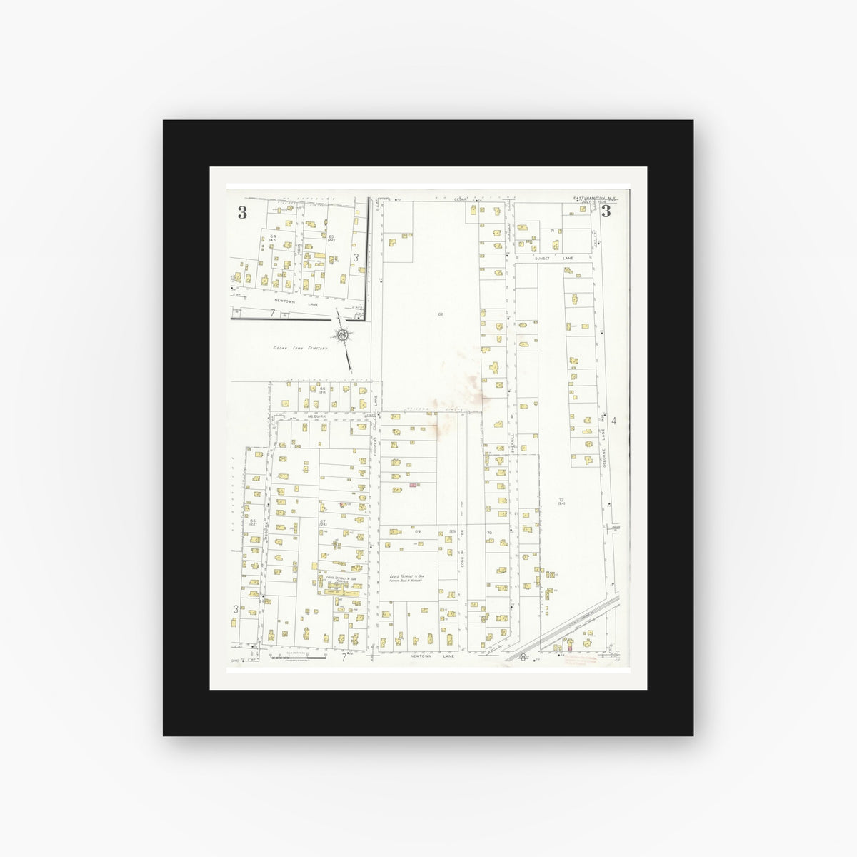 Old map wall art mockup — black gallery frame with white mat — Sanborn Fire Insurance Map from Easthampton, Suffolk County, New York (1936), Sheet #0003