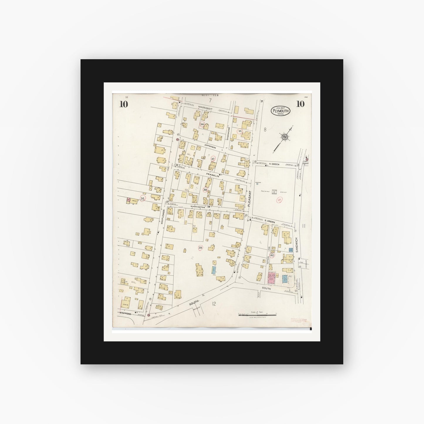 Old map wall art mockup — black gallery frame with white mat — Sanborn Fire Insurance Map from Plymouth, Plymouth County, Massachusetts (1948), Sheet #0010