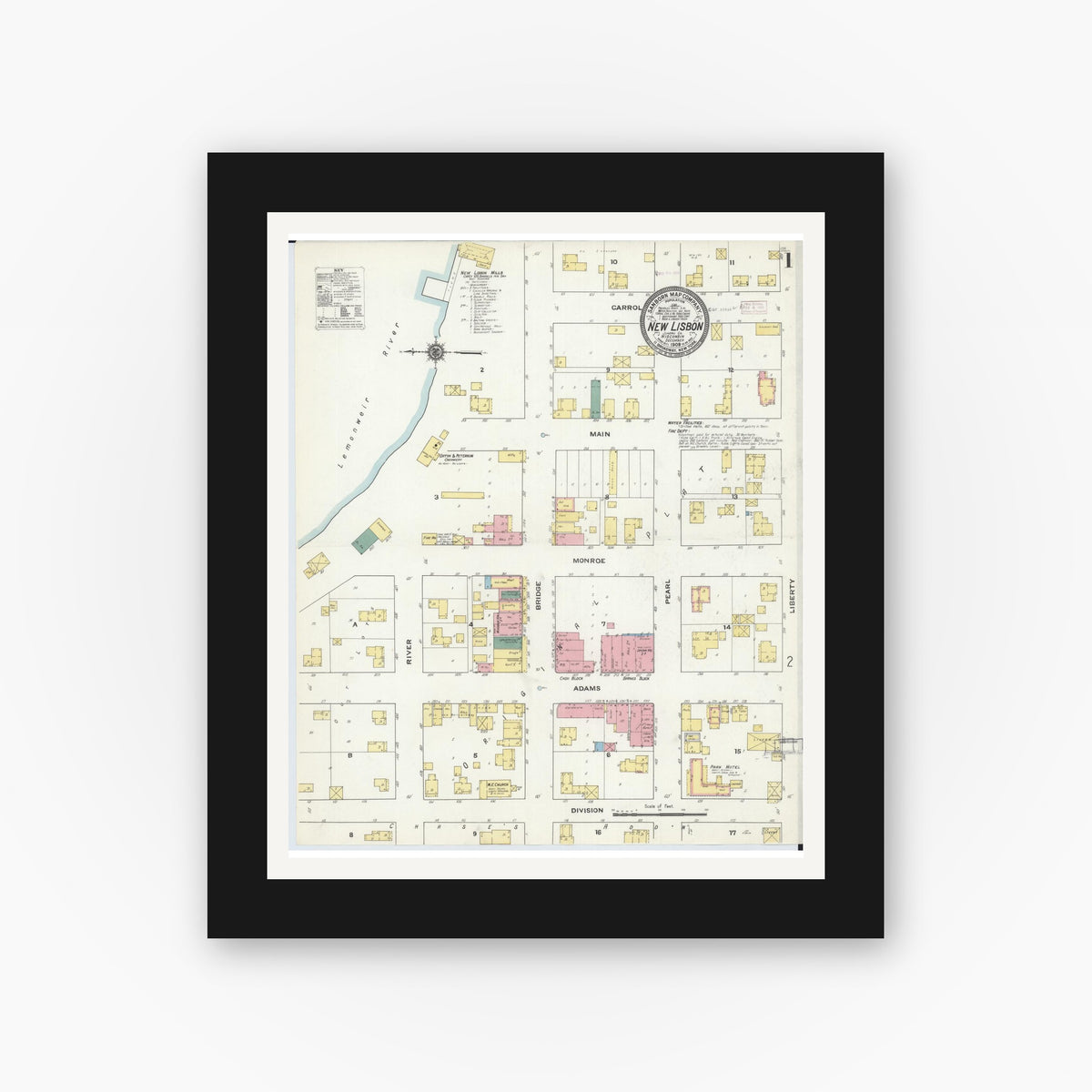 Old map wall art mockup — black gallery frame with white mat — Sanborn Fire Insurance Map from New Lisbon, Juneau County, Wisconsin (1909) - Complete Map Set
