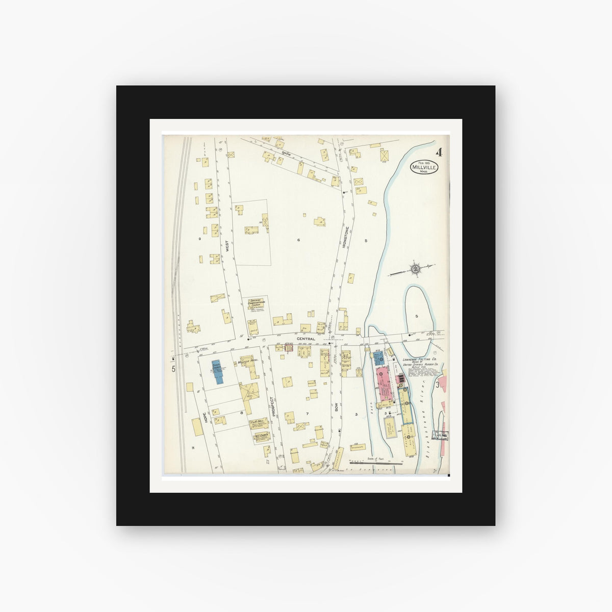 Old map wall art mockup — black gallery frame with white mat — Sanborn Fire Insurance Map from Millville, Worcester County, Massachusetts (1913), Sheet #0004