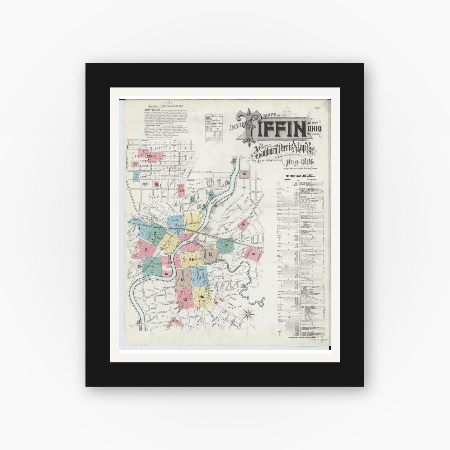 Old map wall art mockup — black gallery frame with white mat — Sanborn Fire Insurance Map from Tiffin, Seneca County, Ohio (1896), Sheet #0001