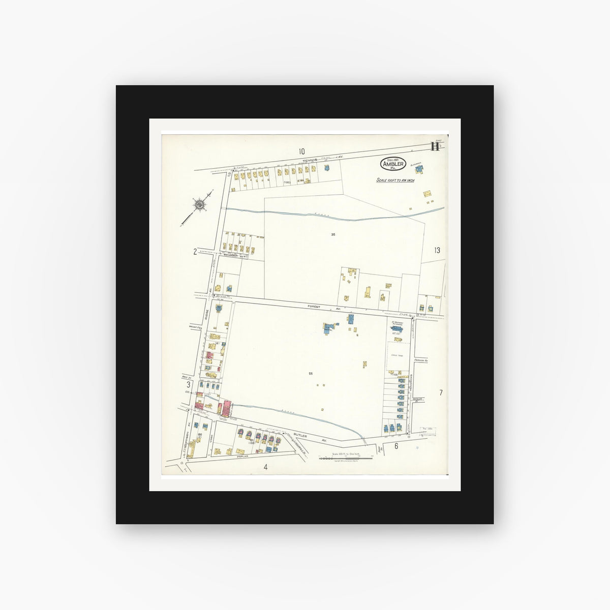 Old map wall art mockup β black gallery frame with white mat β Sanborn Fire Insurance Map from Ambler, Montgomery County, Pennsylvania (1921), Sheet #0011