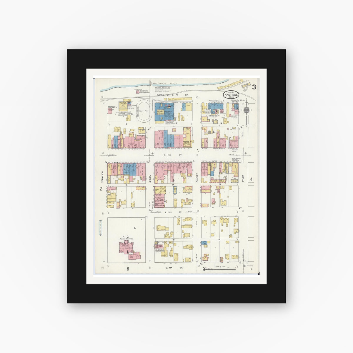 Old map wall art mockup — black gallery frame with white mat — Sanborn Fire Insurance Map from Hastings, Dakota County, Minnesota (1911), Sheet #0003