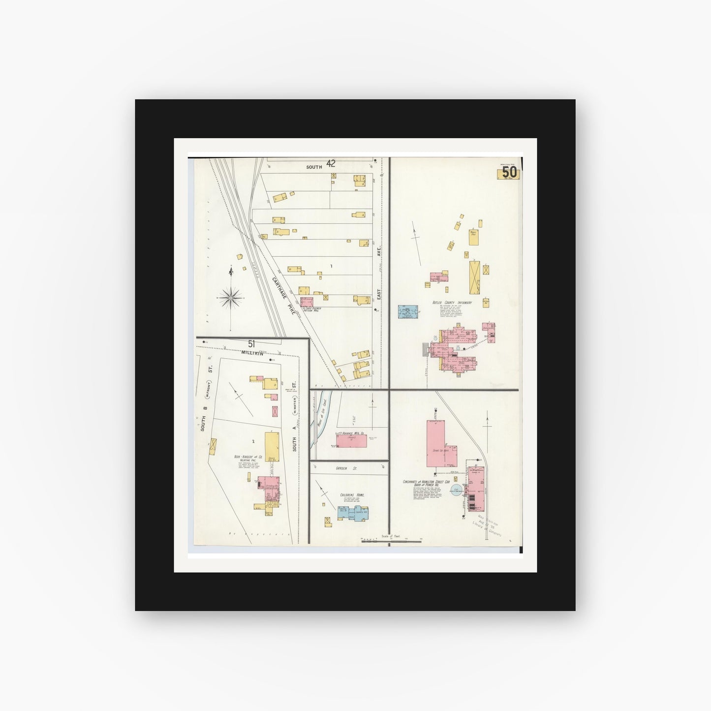 Old map wall art mockup — black gallery frame with white mat — Sanborn Fire Insurance Map from Hamilton, Butler County, Ohio (1899), Sheet #0050